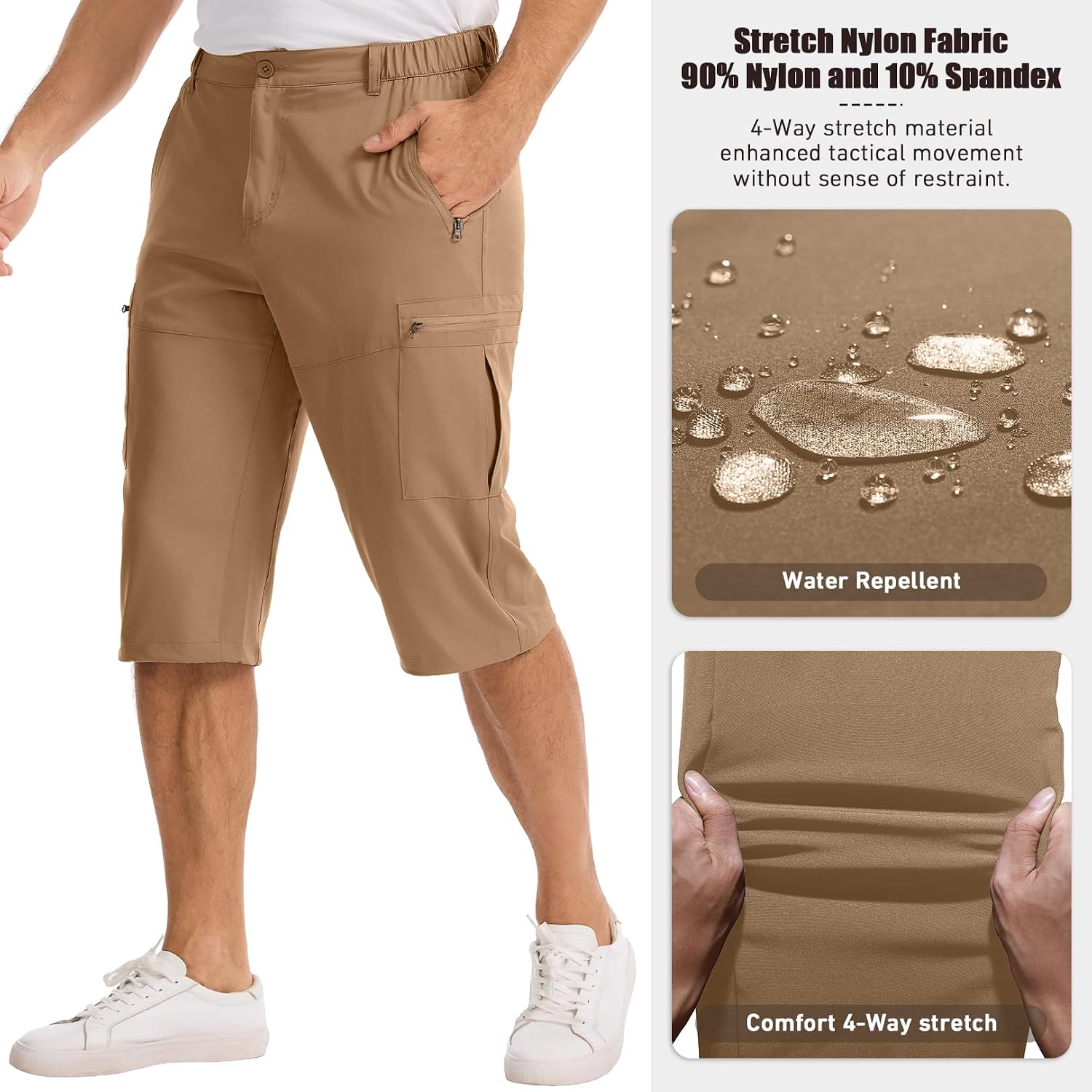 Mens Capri Pants 3/4 Stretch Cargo Long Shorts for Men Outdoor Trip Golf Camping Hiking Casual