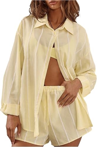 Verdusa Women's Oversized Striped Button Down Shirts Cruise Outfits for Women 20