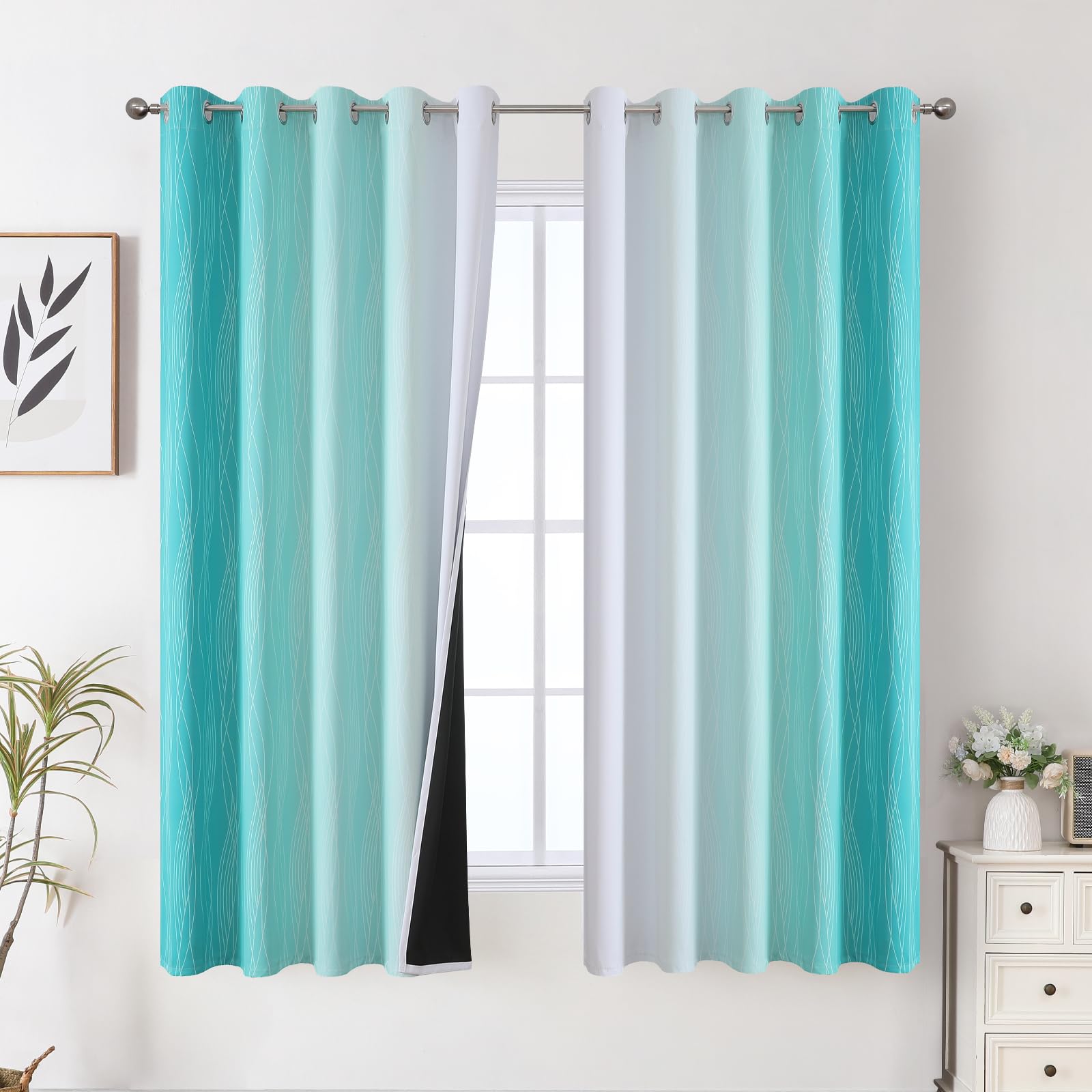 Teal and Grayish White Ombre Blackout Curtains for Living Room 63 Inch Long