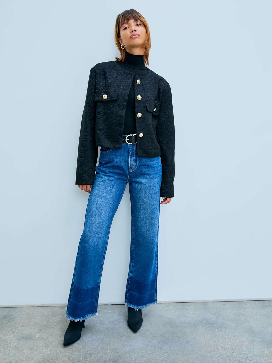 CIDER Tweed Button Crew Neck Crop Jacket