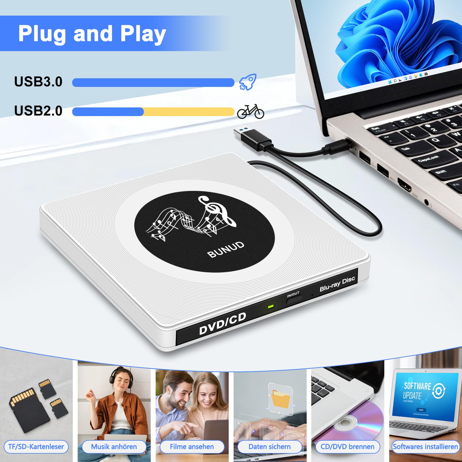 BUNUD Externes Blu Ray Laufwerk, USB 3.0 Bluray Brenner Extern USB C Externe Blu-ray Laufwerk mit 2 USB & SD/TF Slots, Externe Bluray laufwerke für PC Laptop Windows 11/10 Mac MacBook