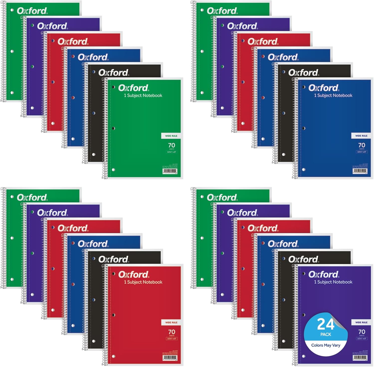 Oxford Spiral Notebooks, 1 Subject, Wide Ruled Paper, 70 Sheets, 24 per Pack, Colors May Vary (65000)
