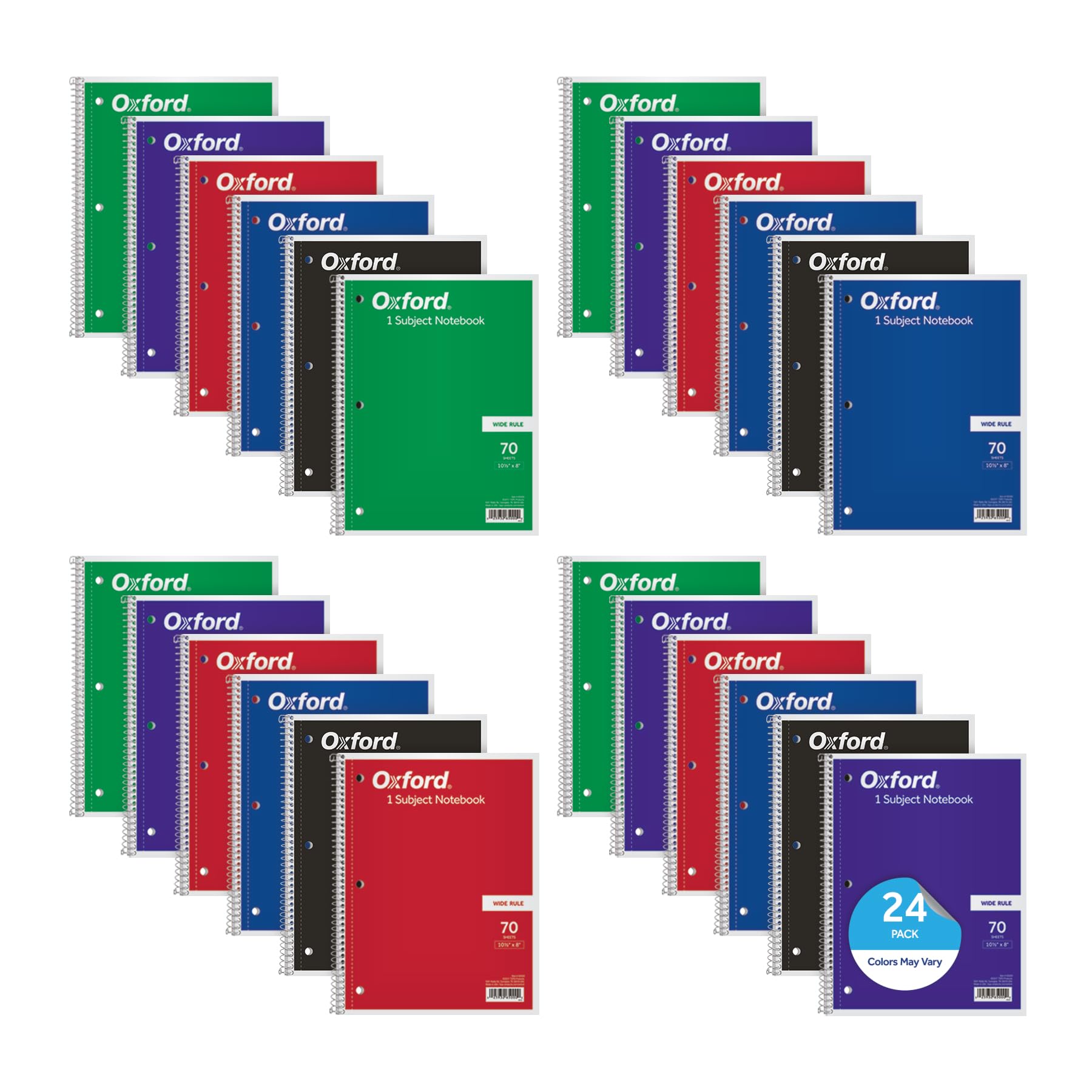 Oxford Spiral Notebooks, 1 Subject, Wide Ruled Paper, 70 Sheets, 24 per Pack, Colors May Vary (65000)
