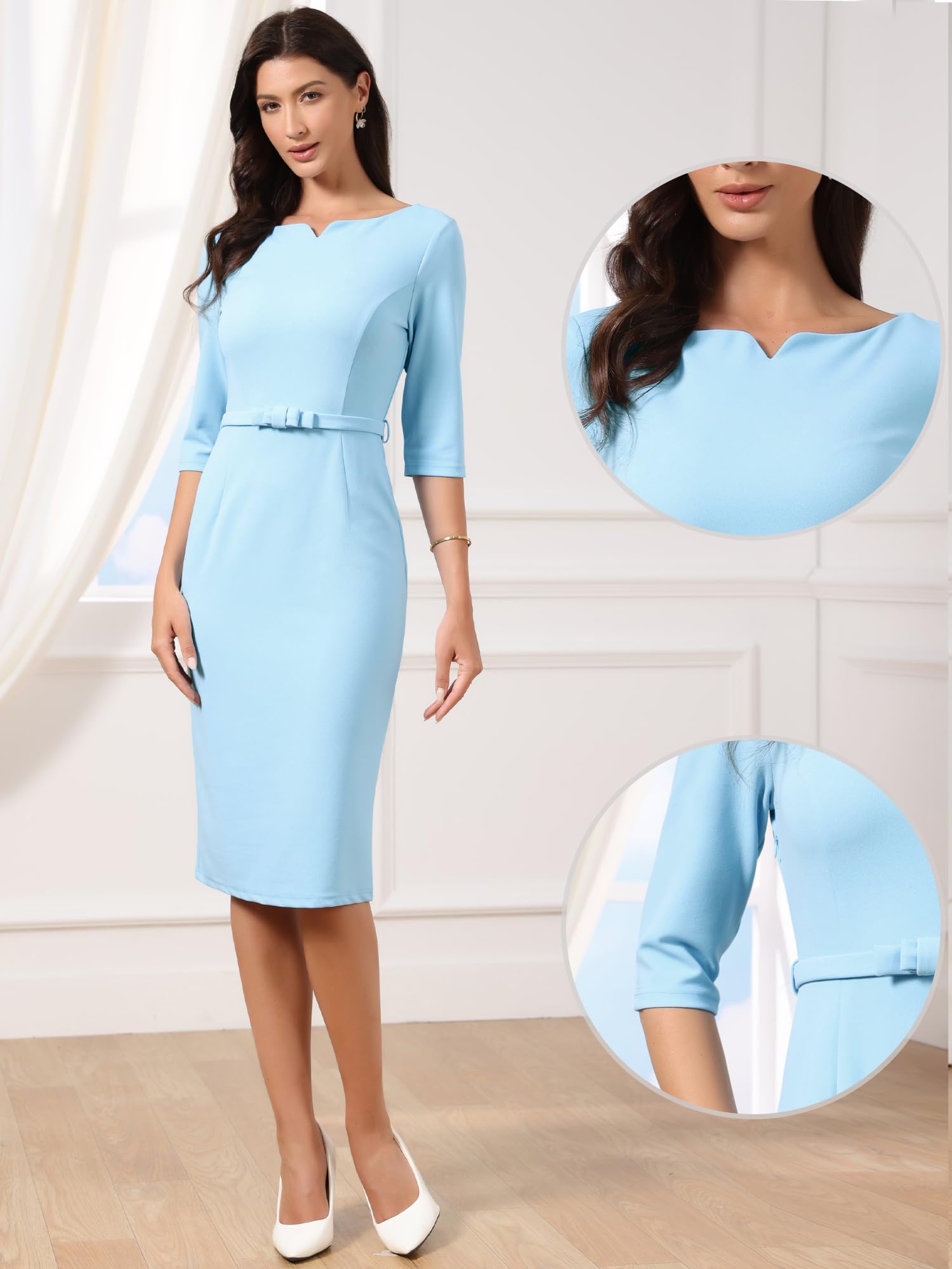 Allegra K Vestidos Midi De Trabajo para Mujer con Cinturón Y Cuello Barco Vestido Formal Elegante con Mangas 3/4