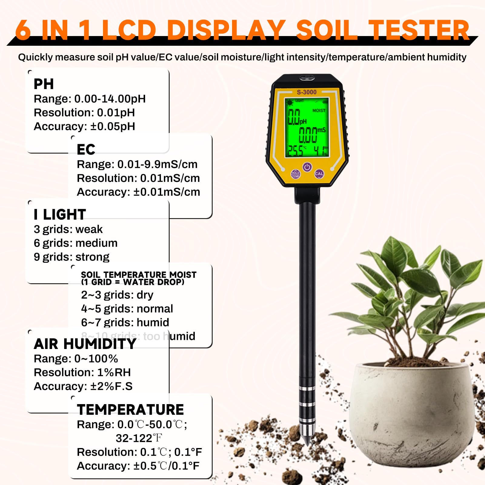 6 en 1 Medidor ph Tierra Medidor Humedad Plantas ph Suelo Medidor de ph Tierra Medidor de Suelo Fotometría Solar/PH/EC/Temperatura/Humedad del Suelo/Humedad del Aire con Pantalla LCD.