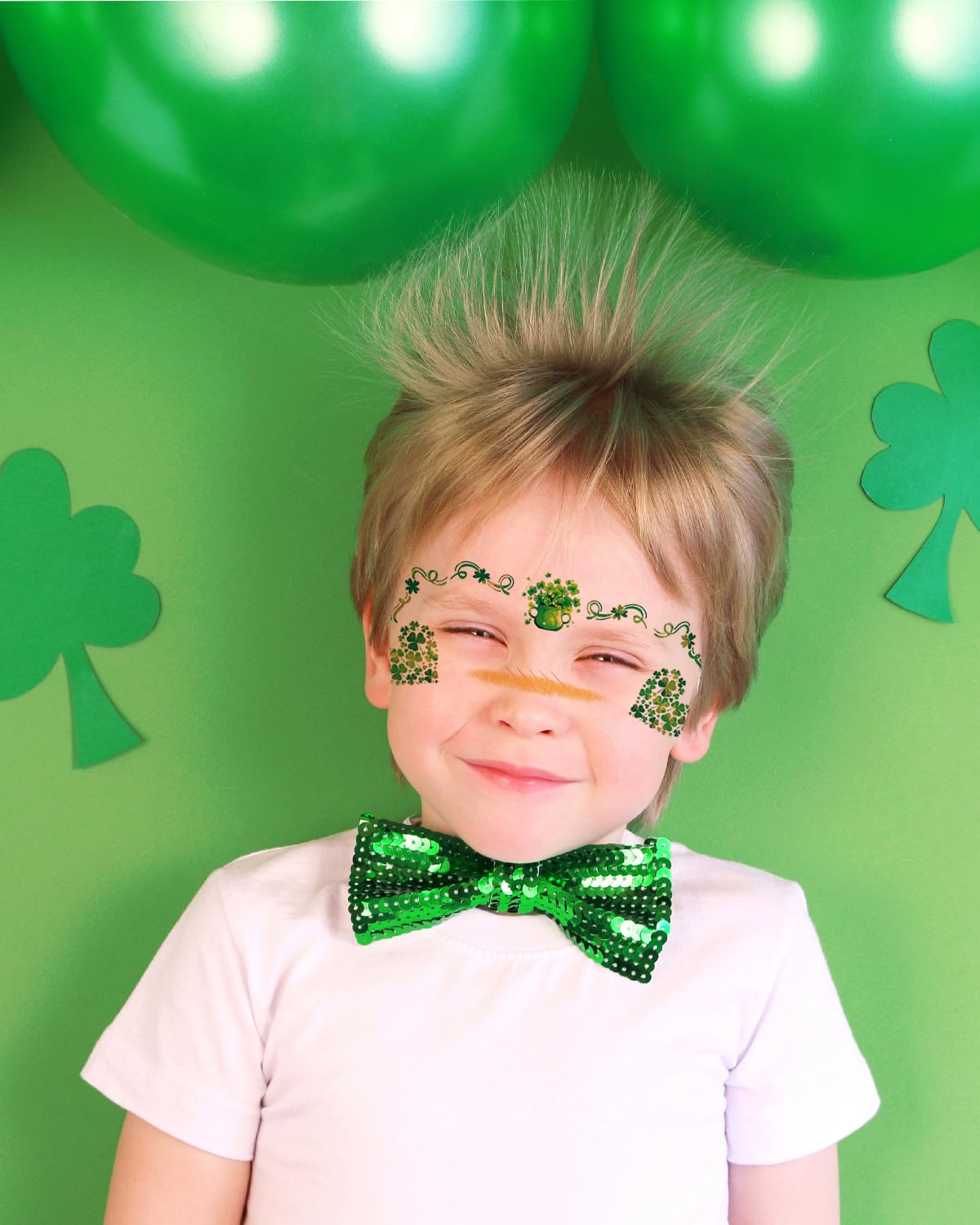 18pcs St Patricks Day Face Tattoos for Women, Green Glitter Shamrock Temporary Tattoos Face Makeup Stickers for St. Patrick's Day Decorations Accessories
