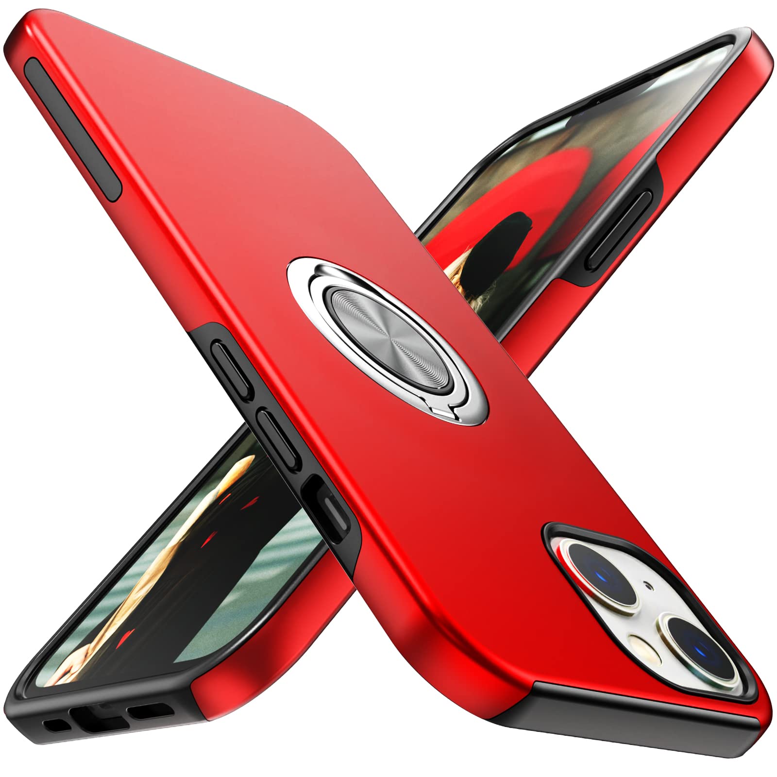 Compatible for iPhone 15 Case with Tempered Glass Screen Protector,Sturdy 2 in 1 Protective Slim Phone Case with Invisible Magnetic Ring Kickstand for iPhone 15,Red