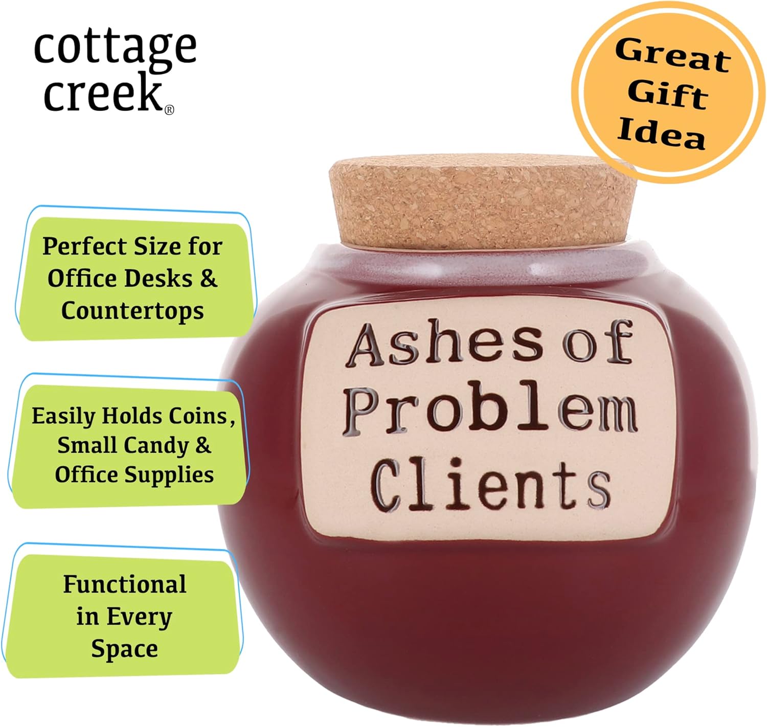 Cottage Creek Jars - Red Ceramic Ashes of Problem Clients Coin Bank & Candy Jar, Piggy Bank for Adults, Ideal Gifts for Women, Men, Dad, Attorney, Therapist, Boss