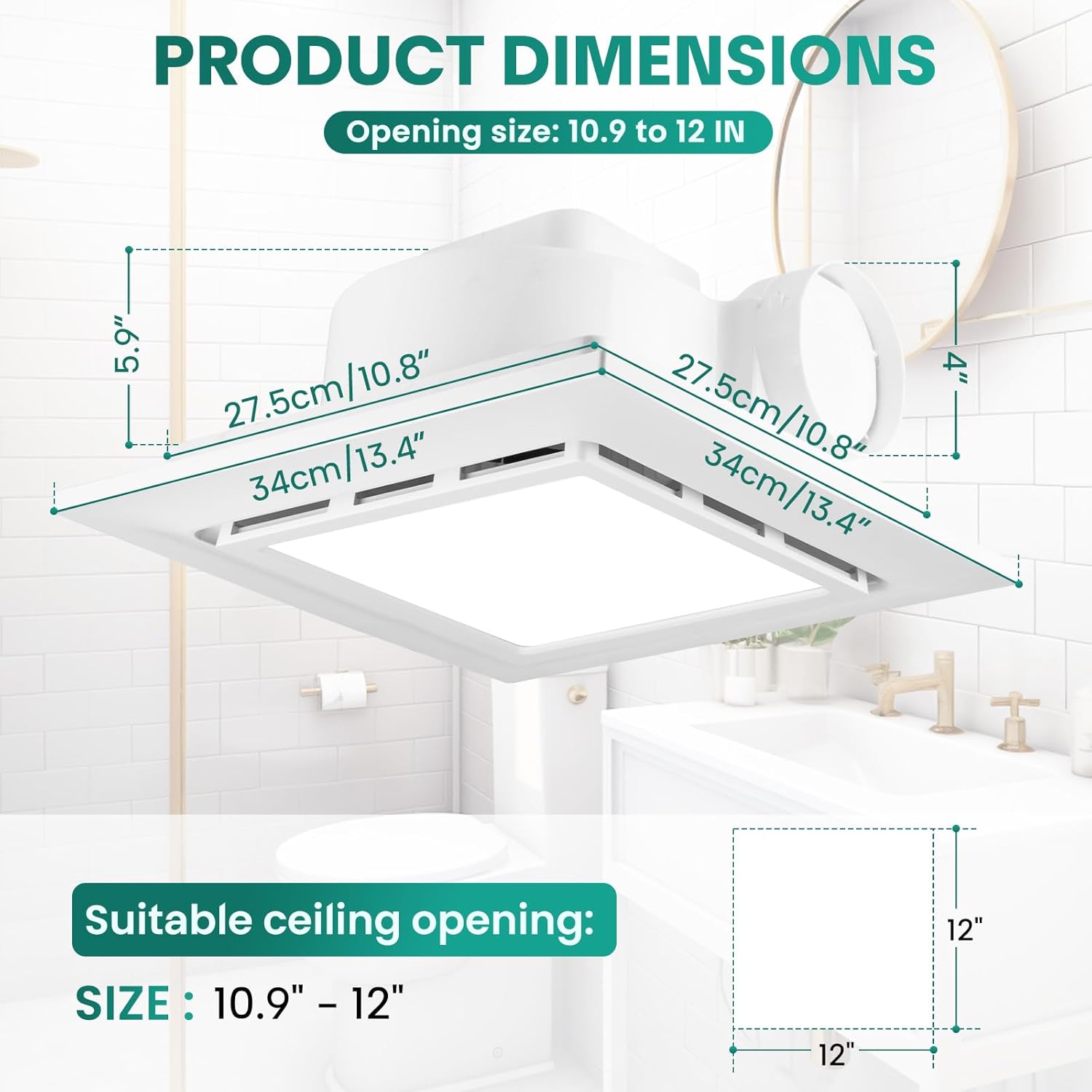 13.4 Panel Bathroom Exhaust Fan with Light, 160 CFM Bathroom Ventilation Fan with 12W 6500K LED Light, 1.0 Sones Low Noise, 4 Inch Duct Quiet Square Fan for Home Bath Restroom Hotel Office
