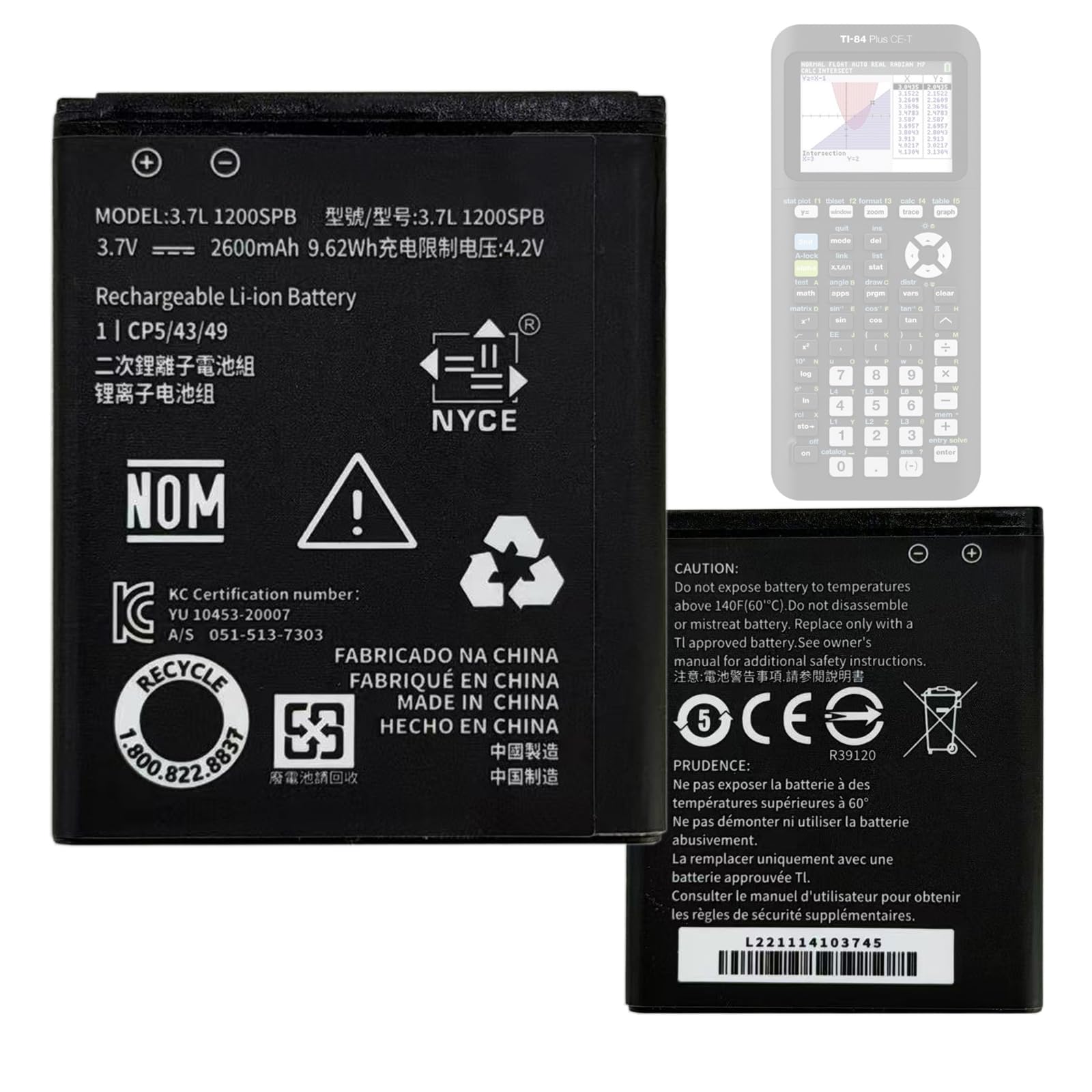 Batterie de rechange haute capacité 2600 mAh 3,7 L1200SPB 3,7L1200SPA compatible avec Texas Instruments TI-84 Plus CE, TI Nspire CX II, TI Nspire CX CAS II, P11P35-11-N01