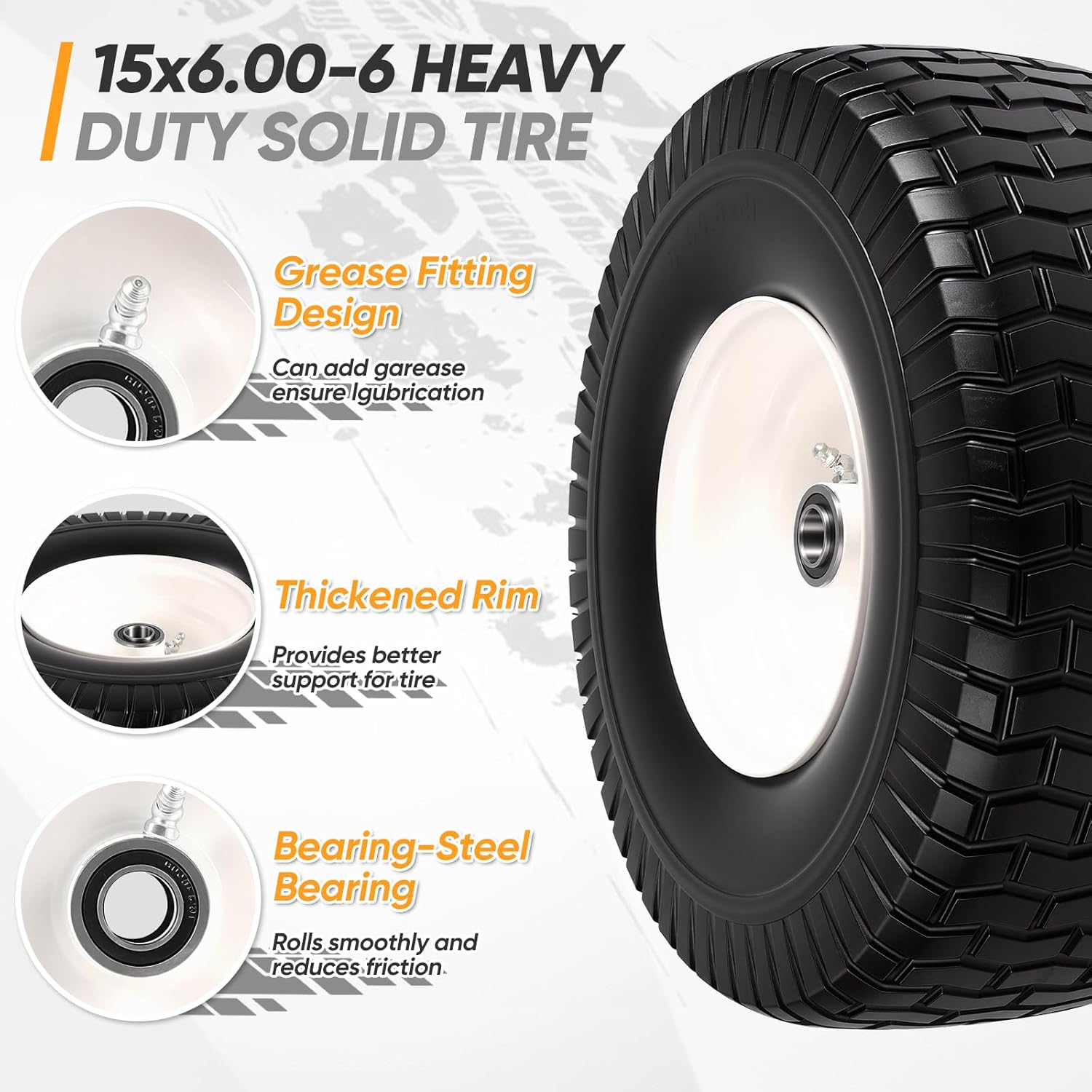 15x6.00-6 Flat Free Lawn Mower Tire and Wheel, 15x6-6nhs Riding Mowers Lawn Tire and Wheel with 3/4" & 5/8" Bearing, 3" Centered Hub, 2 Pack