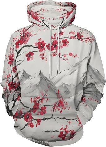 Unisex Japanese Cherry Blossoms Hoodies Women Men Ink Sakura Floral Paint Long Sleeve Pullover Sweatshirt
