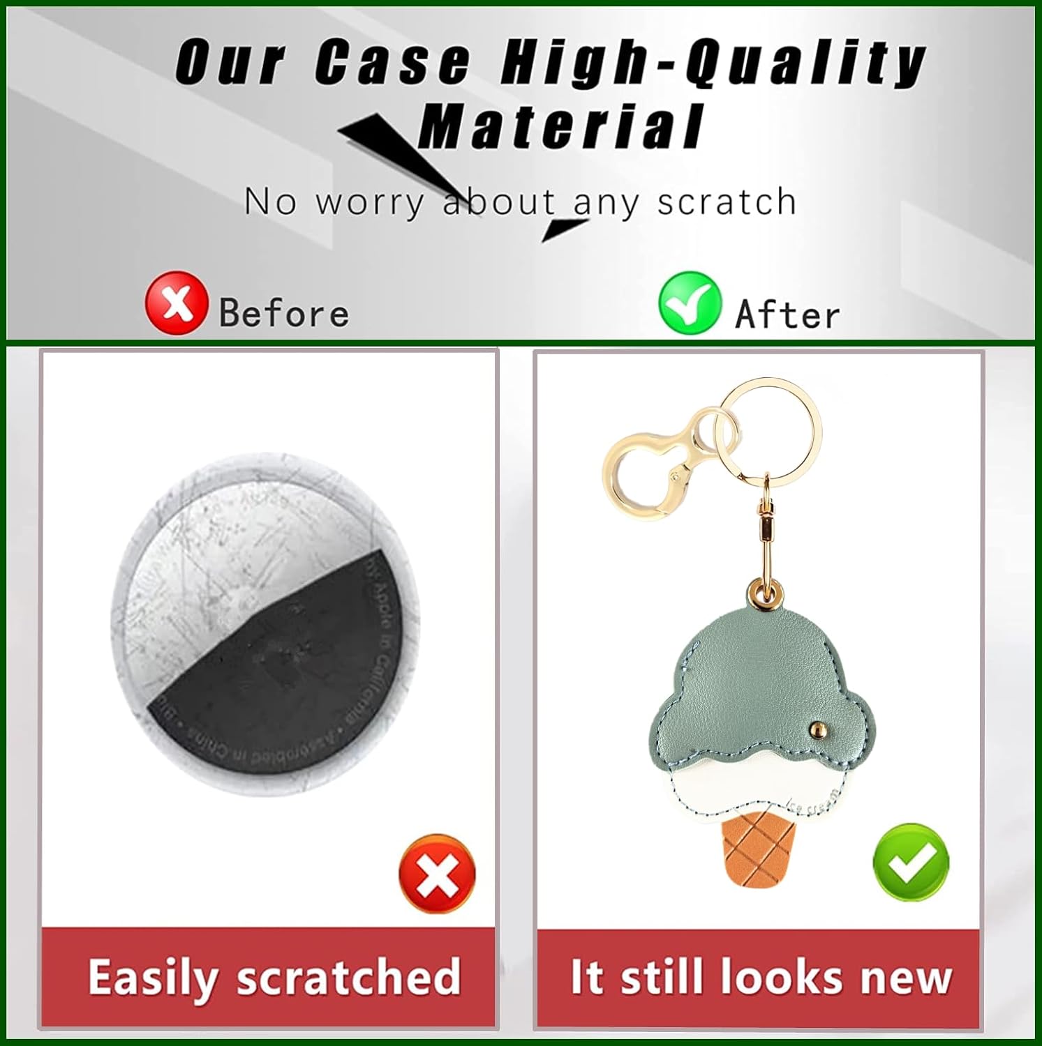 Leather Keychain Holder Case Compatible with AirTag,Cute Protective Cover with Keyring,Anti-Scratch Finder GPS Tracker Case for Wallet Keys,Bag,Pets(Ice Cream C) - Image 3