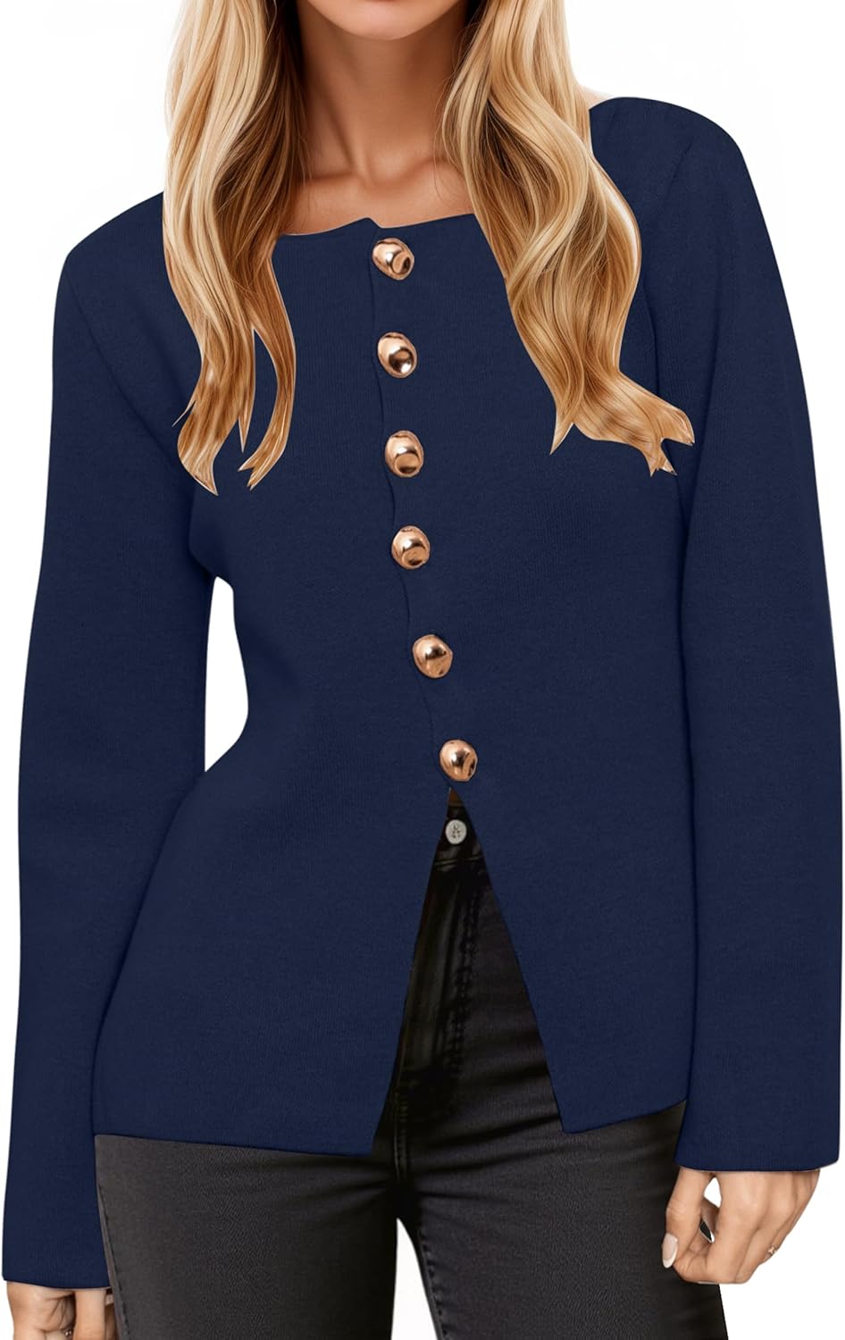 Button Up Cardigan Sweater for Women Long Sleeve Lightweight Knit Business Blazer Tops