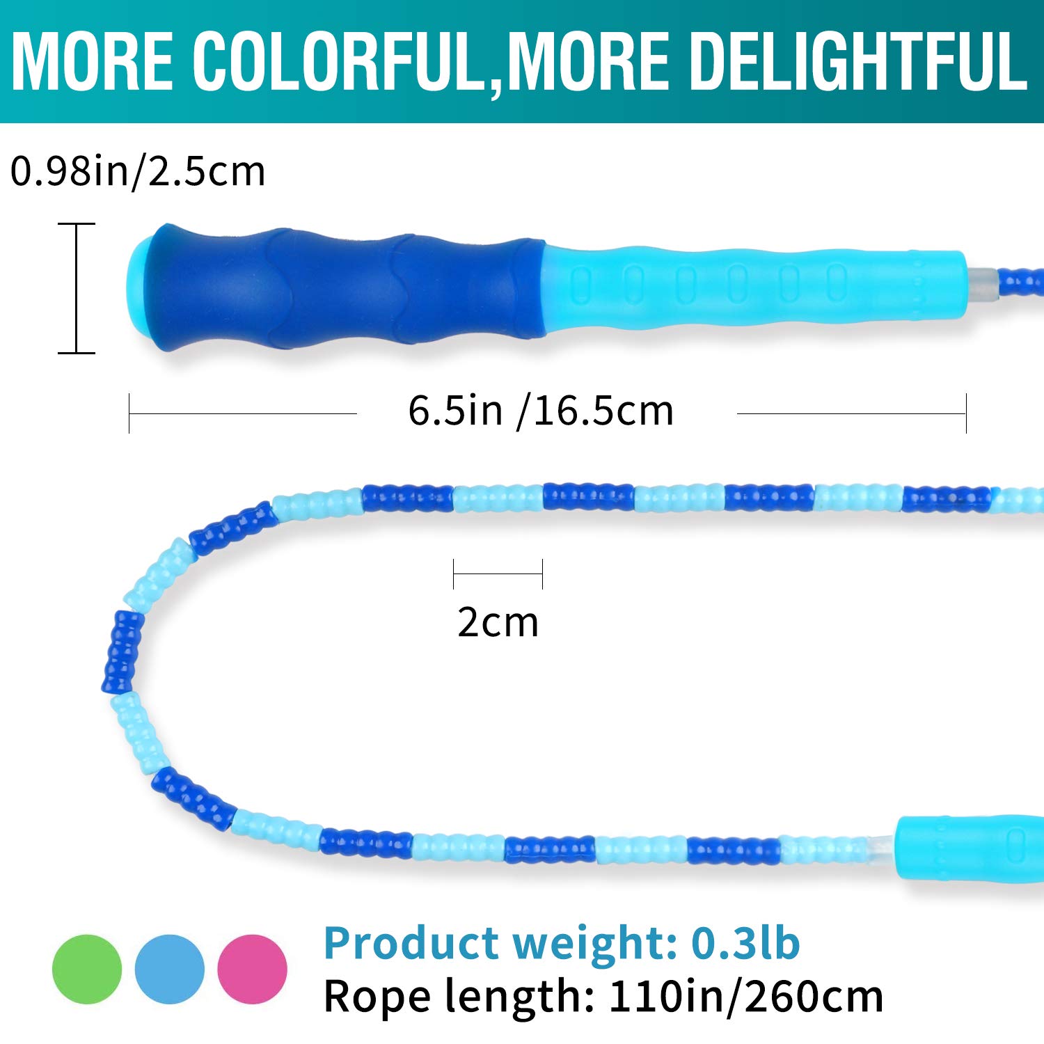 Cooyoo Springseil mit weichen Perlen (3er-Pack), Premium-Springseil, verstellbar, frei segmentiert, verhedderungsfrei, Training, Fitness, Cardio, Springseil, für Herren, 2.7 m, Blau / Lila / Grün