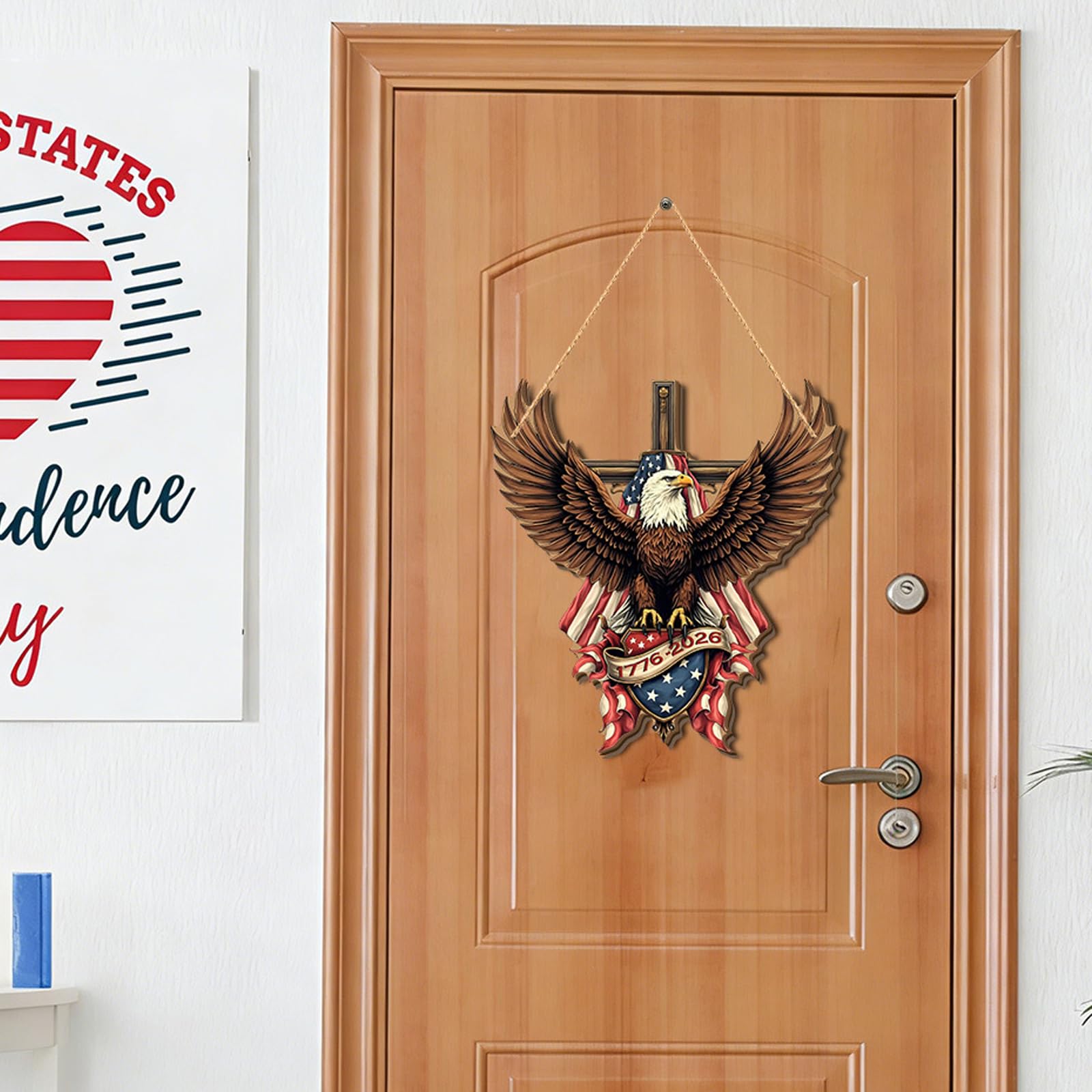 Patriotic Wooden Door Sign US 250th Anniversary Hanging Wreath Plaques Decors for Independence Day Home Offices Decoration Wooden Patriotic Sign