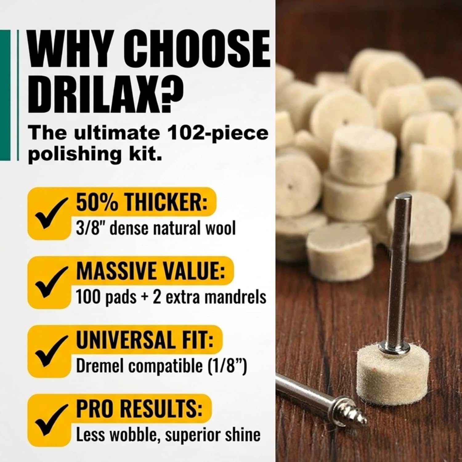 Drilax 100 Pc 1/2 Inch Polishing Buffing Wheel Kit, Thick Felt Pads with Mandrels, Rotary Tool Accessories Compatible with Dremel for Jewelry Metal Cleaning Deburring Finishing