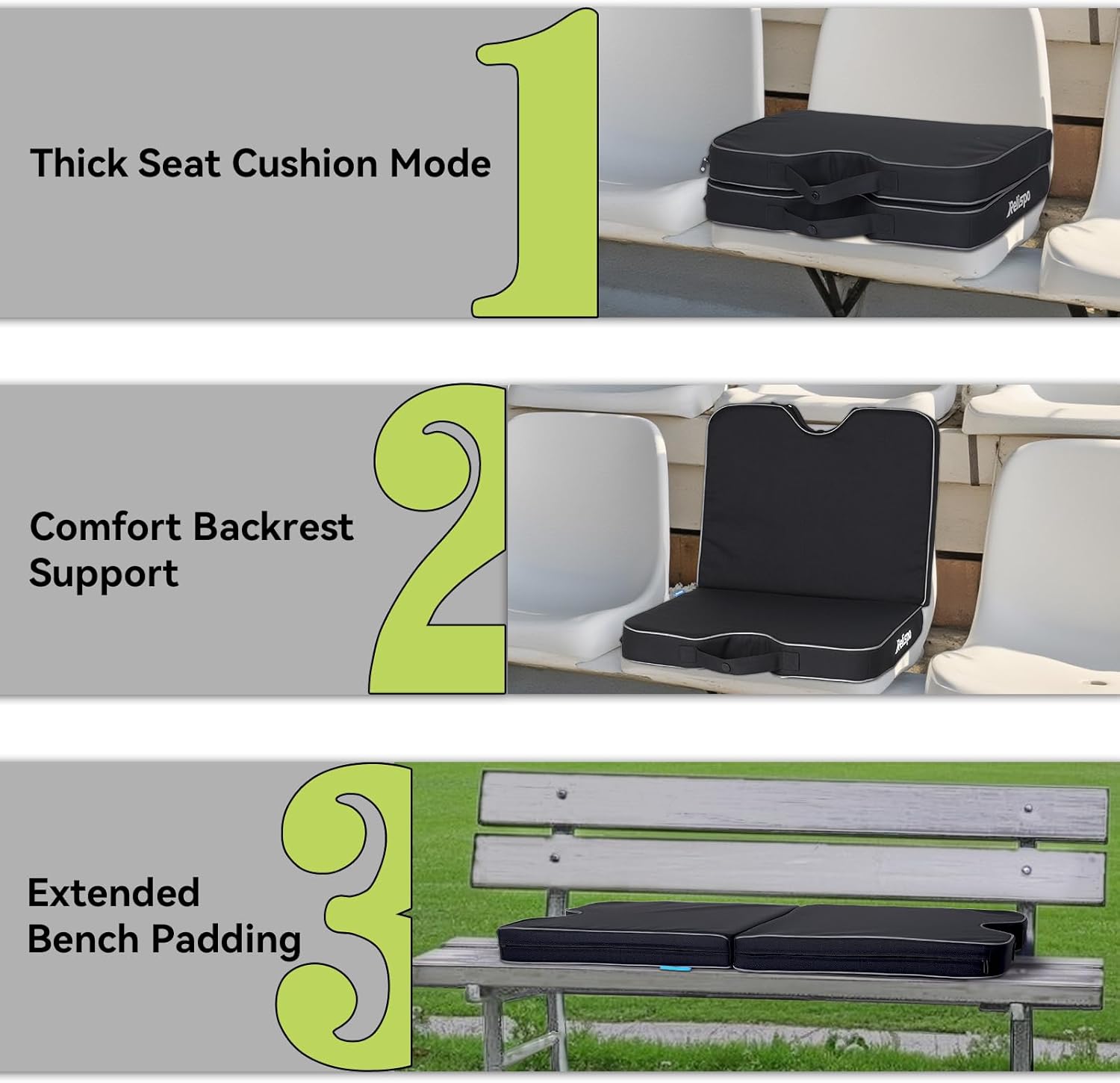 3-in-1 Stadium Seat Cushion, Premium Memory Foam & High-Density Foam Bleacher Cushion, Anti-Slip Waterproof Portable Stadium Cushion for Bleachers, Sports Events, Camping