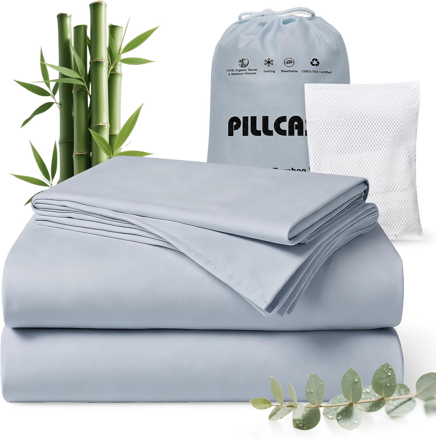 Luxury Organic Tencel & Viscose from Bamboo Cooling Sheet Set,Silky Soft Lyocell Sheets with Deep Pocket, Hypoallergenic & Breathable Bedding with Pillowcases (Sea Glass, Queen) - Thumbnail 2