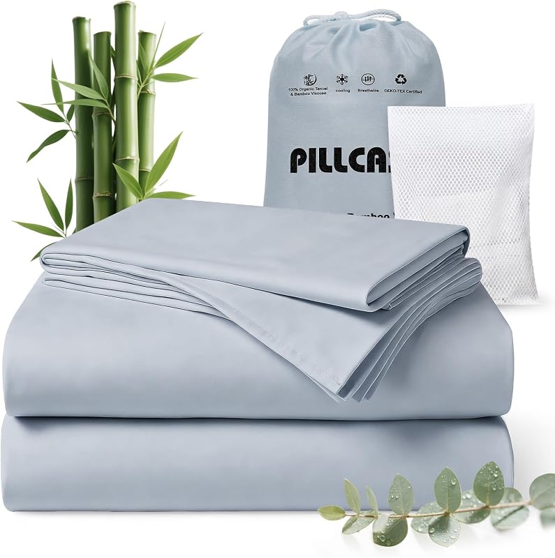 Juego de sábanas tamaño Queen 100% viscosa de bambú y tencel de Lyocell | Sábanas de enfriamiento y transpirables para dormir en caliente | Suave sedosa de lujo | Bolsillo profundo de 18"con correas de esquina (azul francés, Queen)