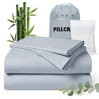 Luxury Organic Tencel & Viscose from Bamboo Cooling Sheet Set,Silky Soft Lyocell Sheets with Deep Pocket, Hypoallergenic & Breathable Bedding with Pillowcases (Sterling Blue, Queen) - Amazon product rated Grade A