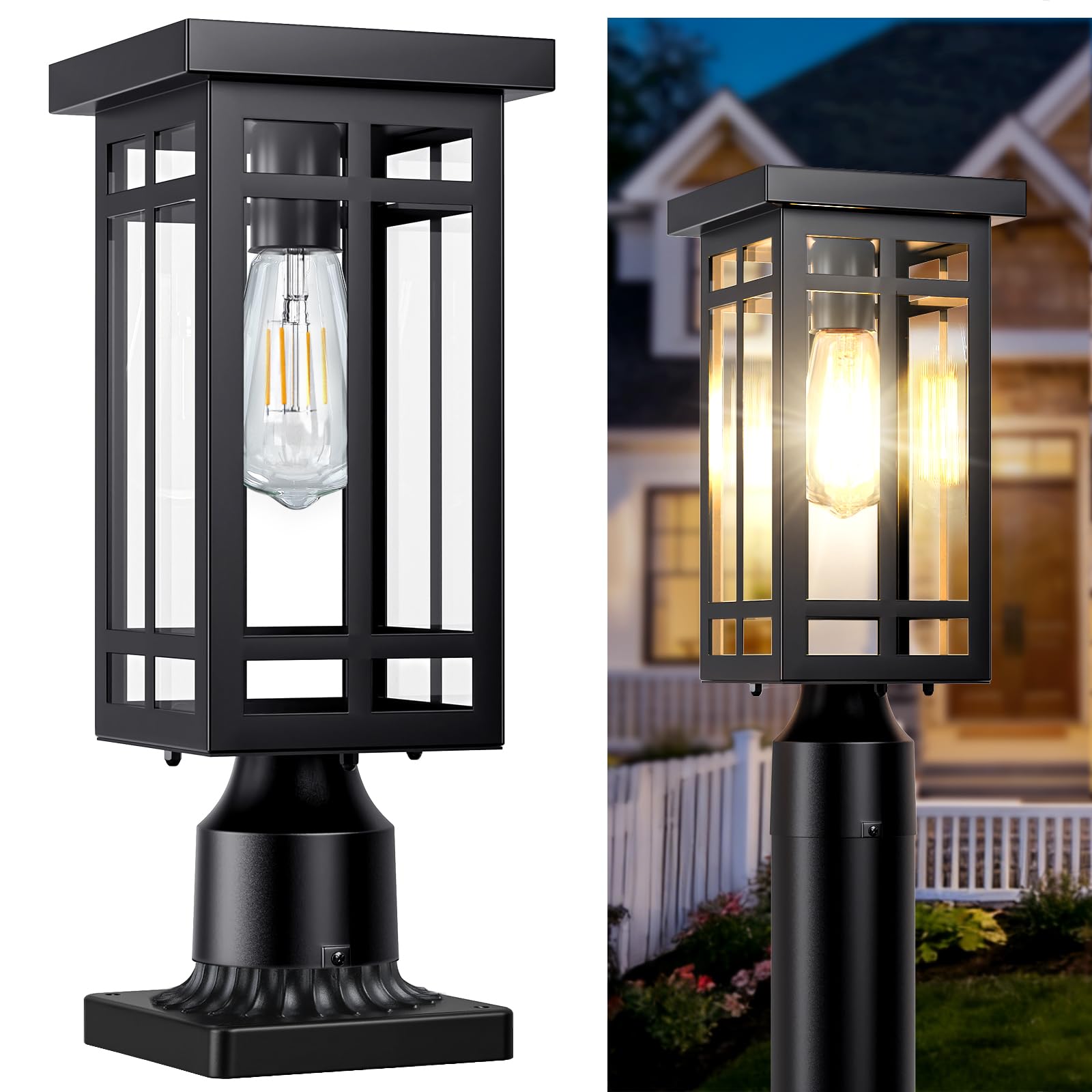 Photo 1 of MYHXQ 14'' Outdoor Solar Post Light, Dusk to Dawn Solar Lamp Post Light, Black Lamp Posts Light Fixture, Waterproof Outdoor Pole Lights for Yard Garage Porch Patio, 1Pack (Included Mounting Base)