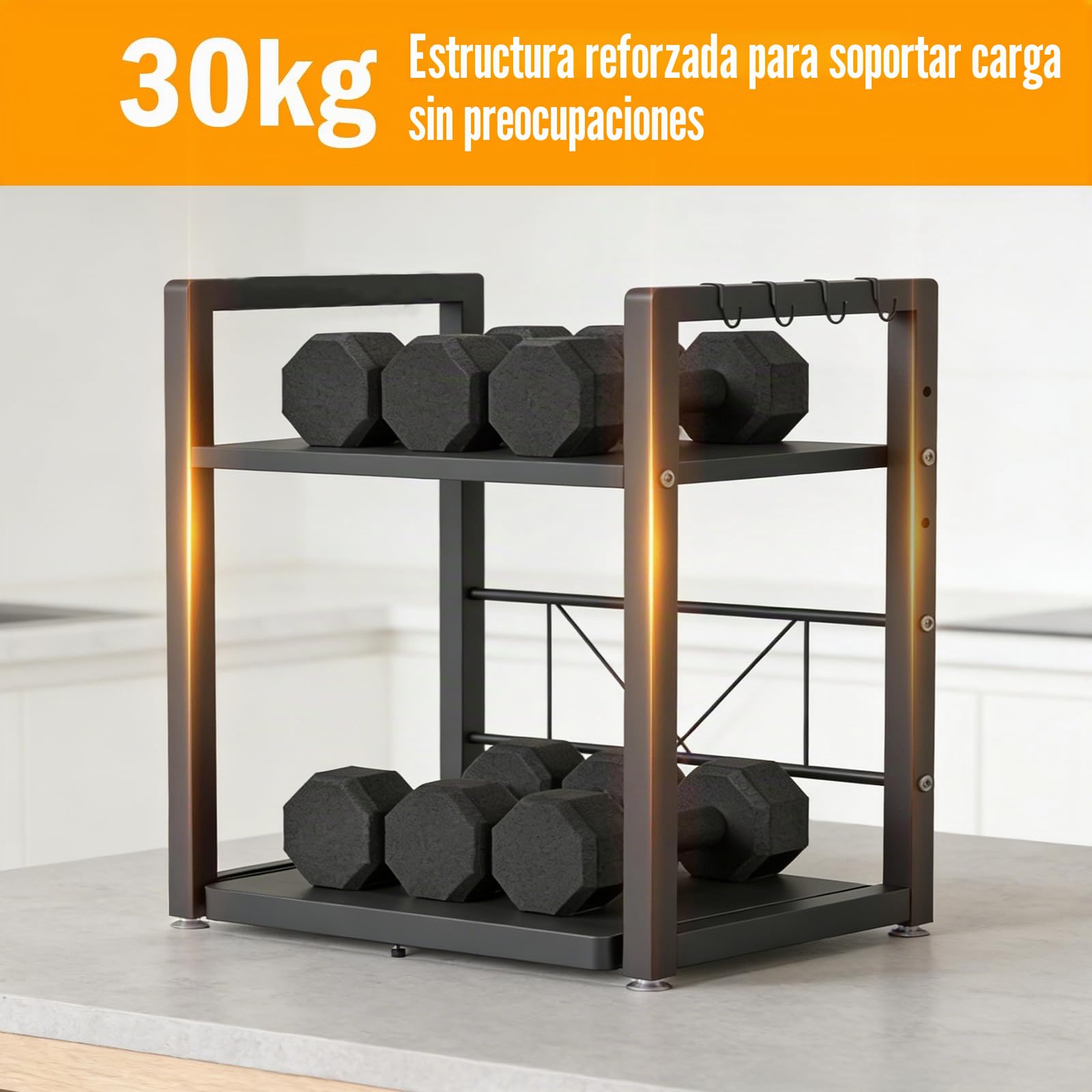 Soporte Microondas Estante 2 Niveles con Cajón, Ajustable 37/55 cm | Luz Espejo Baño LED con Interruptor, 4000K Luz Neutra para Maquillaje, Afeitado y Cuidado Diario Frente al Espejo