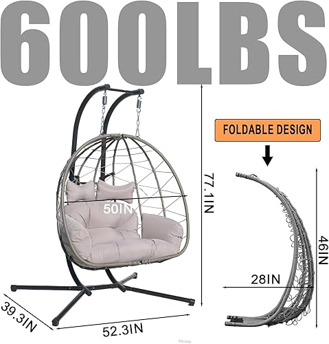 Miniatura 2 de Hamaca doble con forma de huevo, silla de huevo para 2 personas, columpio al aire libre con soporte, silla colgante de mimbre ampliada y ampliada,