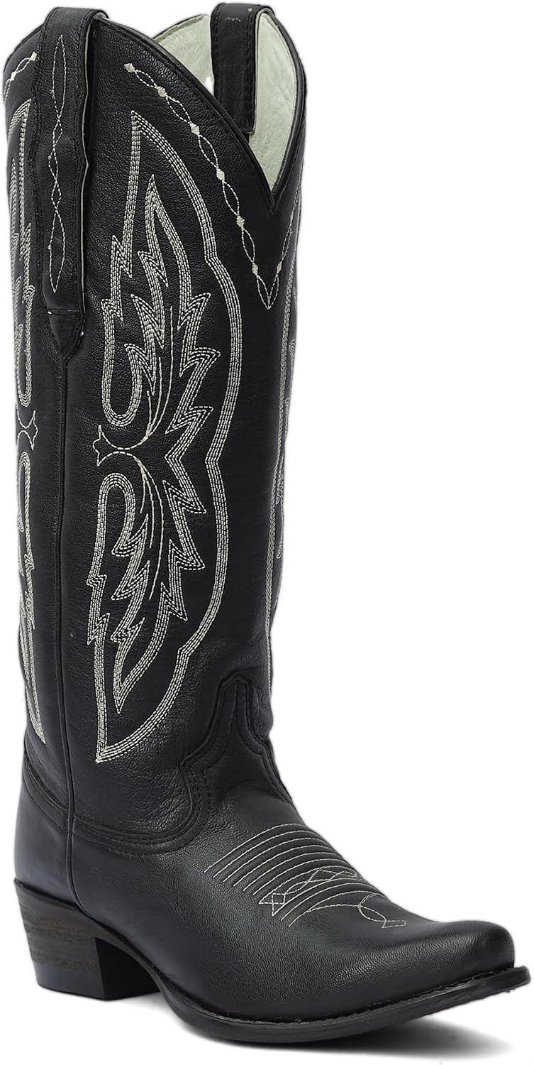 TuffRider Women Cody Embroidered Leather Snip Toe Western Boots-Black-8.5