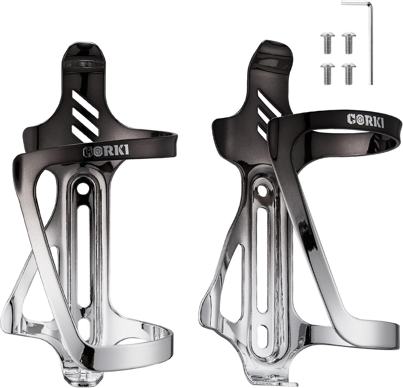 Corki Cycles Side Load Water Bottle Cage Aluminum Alloy Left Entry Bike Water Bottle Holder for Road, Mountain and Gravel Bikes - 2Pack - Black & Silver