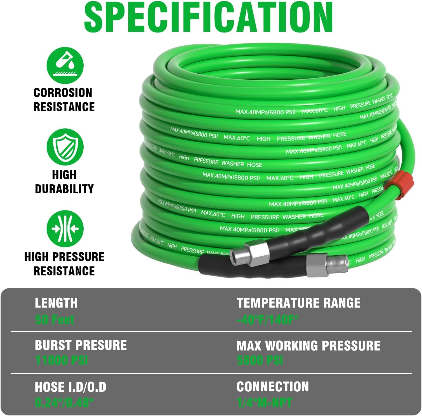 Sewer Jetter Kit for Pressure Washer 50 FT，Drain Cleaner Hose 1/4 Inch NPT Corner with Pressure Washer Tips, Button Nose and Rotating Sewer Jetting Nozzle, Spanner Teflon Tape Pearl Corsage Pin