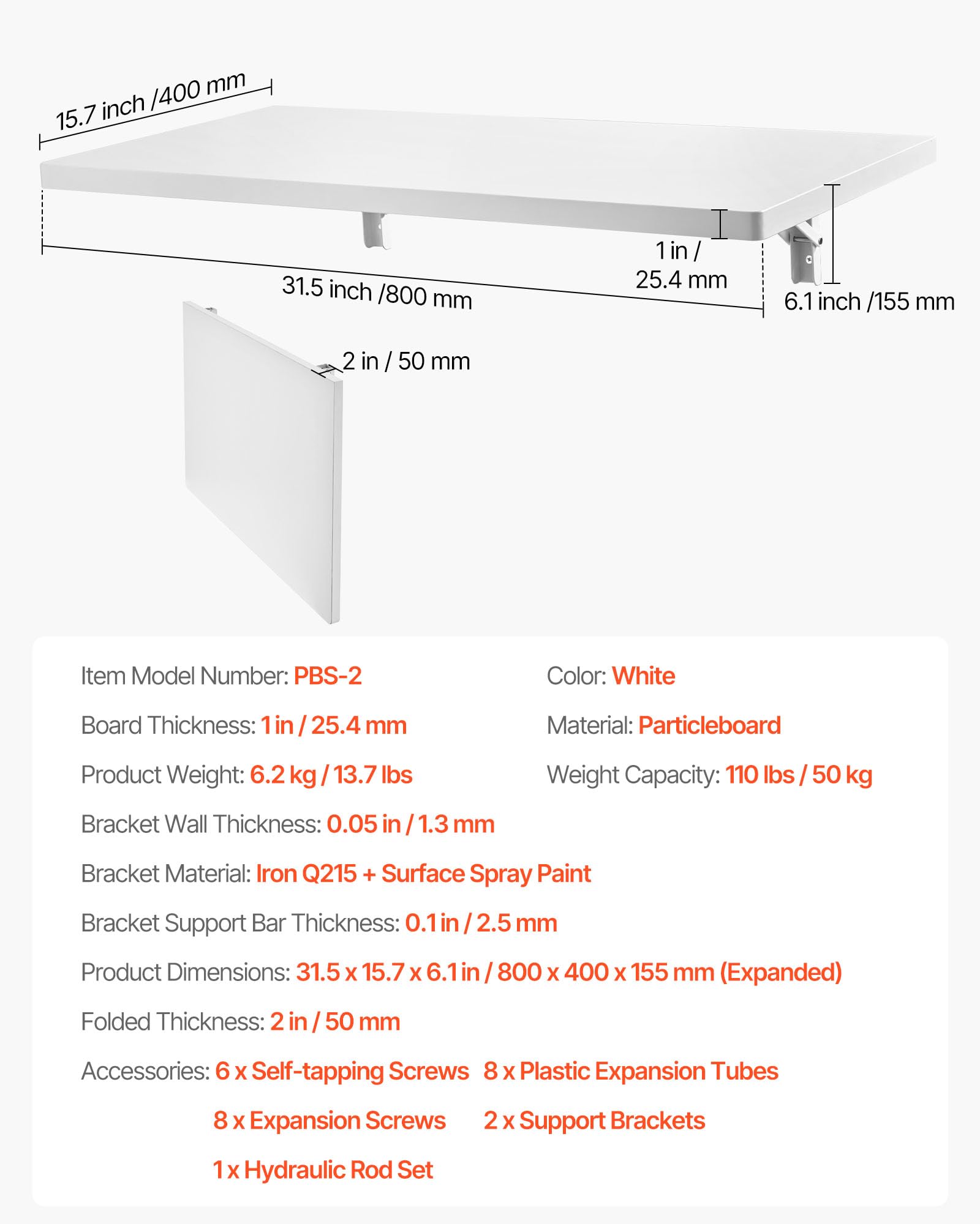 VEVOR Tavolo Pieghevole a Parete, Tavolo a Ribalta Montaggio a Parete 80 x 40 cm, Scrivania Galleggiante Staffa in Ferro, Scrivania Pieghevole per Ufficio Domestico, Sala da Pranzo, Cucina Bar Bianco