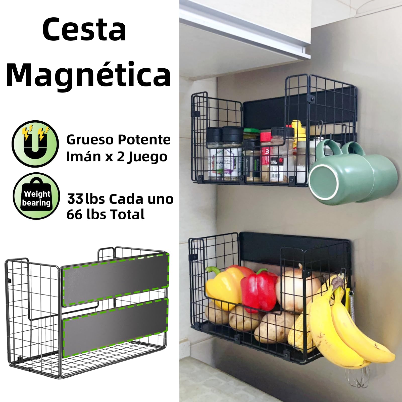 2 cestas magnéticas para frutas colgantes y especias, organizador de cocina, estantería de cocina, sin taladrar, cesta de frutas, frutas y verduras, estante magnético para frigorífico, color negro