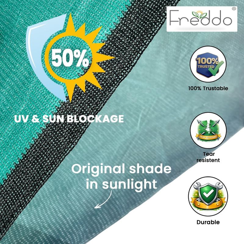 Image of FREDDO- 5 x 6 Ft 50% Green Shade Net with PP Loops | UV Stabilized HDPE Sun Shade Net for Garden, Plants & Nursery | Heat & UV Protection for Balcony, Terrace, Farming & Outdoor-Pack of 1 Piece