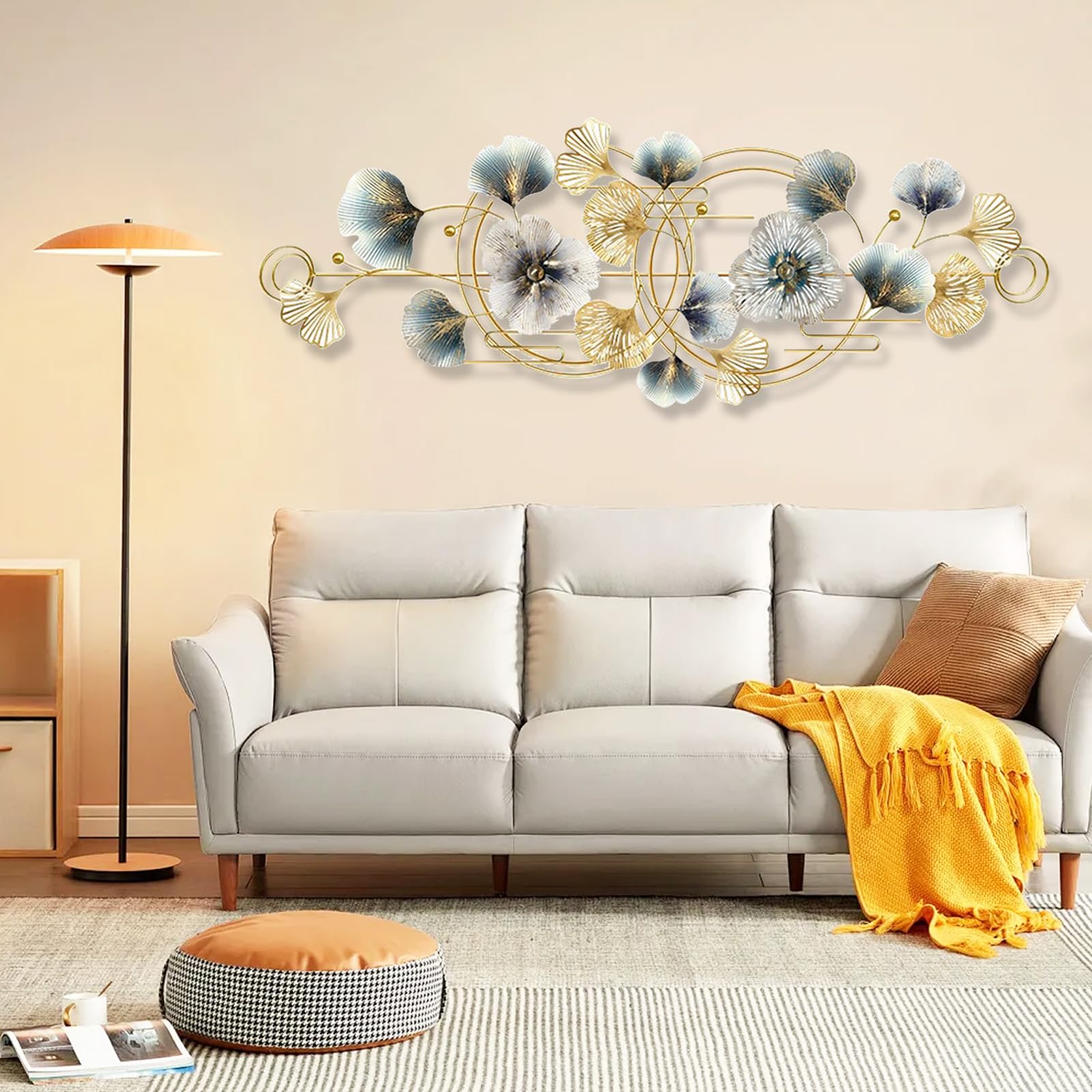 Aisny Decorazione Murale Soggiorno, 127X44cm Decorazione Murale 3D Parete Soggiorno Fiori Sculture Metallo Sospesa Divano Sfondo Ufficio Ornamenti Murali Con 2 Viti