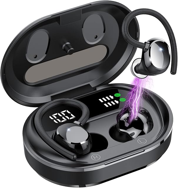 Ultralight Wireless Earbuds, HiFi Stereo Bluetooth 5.3 Running Headphones with Dual LED Display 30Hrs Playtime, Built-in Mic, Type-C, In-Ear Bluetooth Earphones with Earhooks for Sport, Black