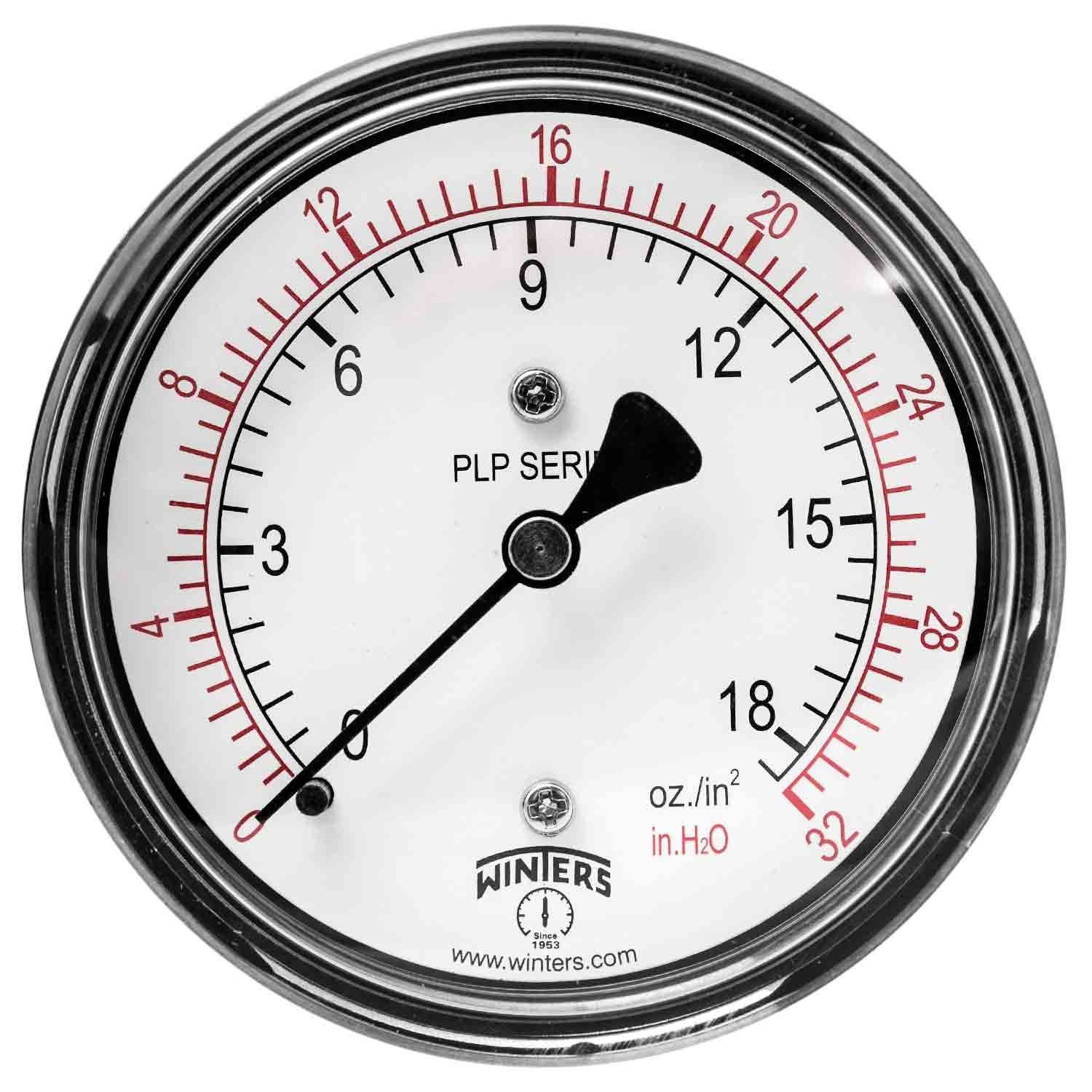 Winters PLP Series Steel Dual Scale Low Pressure Gauge with Brass Internals, 0-32" Water/Oz, 2-1/2" Dial Display, +/- 3-2-3% Accuracy, 1/4" NPT Center Back Mount