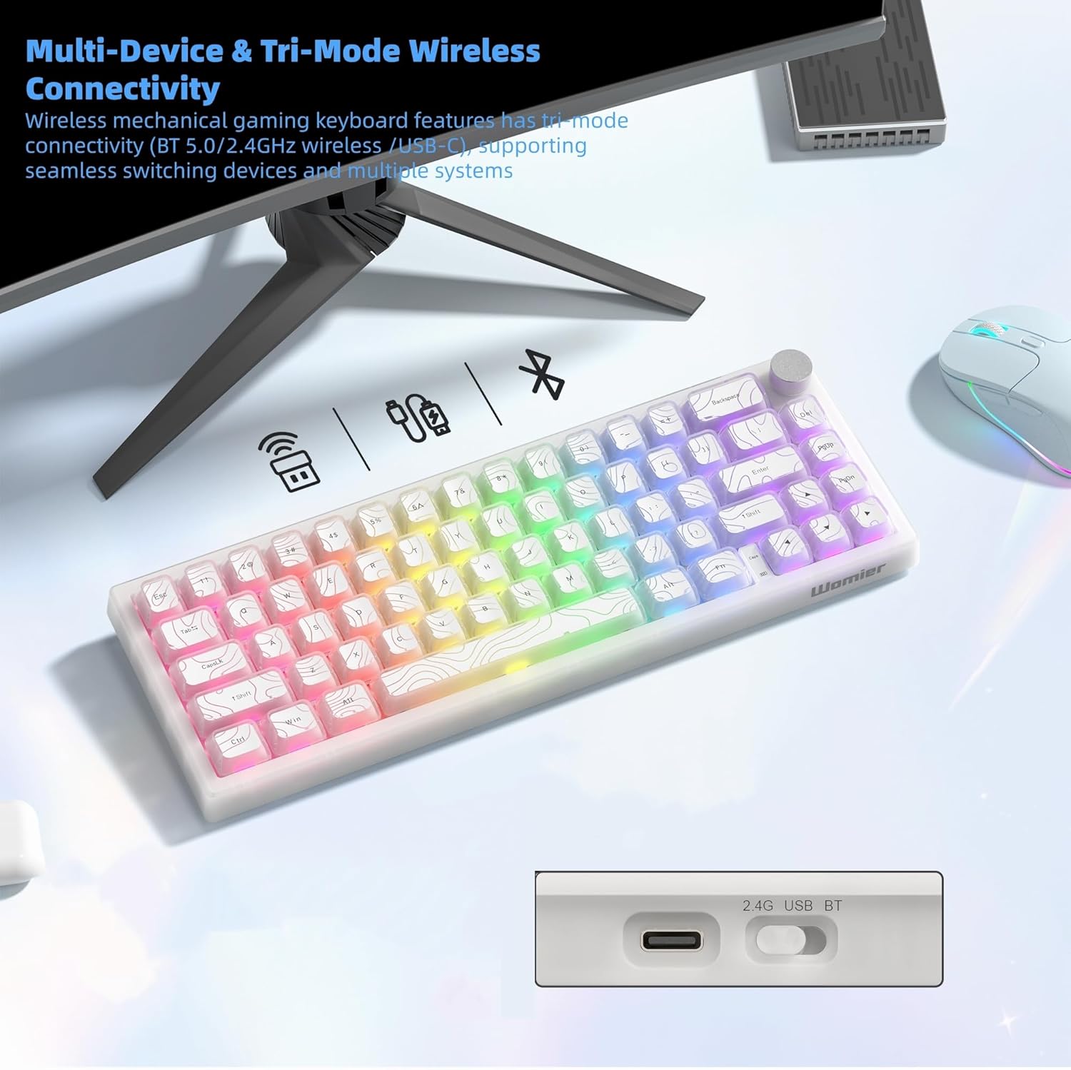 Womier 60% Keyboard Gaming, Wireless Mechanical Creamy Keyboard with QMK/VIA, Topographic Hot-Swappable BT5.0/2.4G/USB-C RGB Key Board Double-Layer Clear Keycaps for Mac/Win/Gaming (Q61 V2)