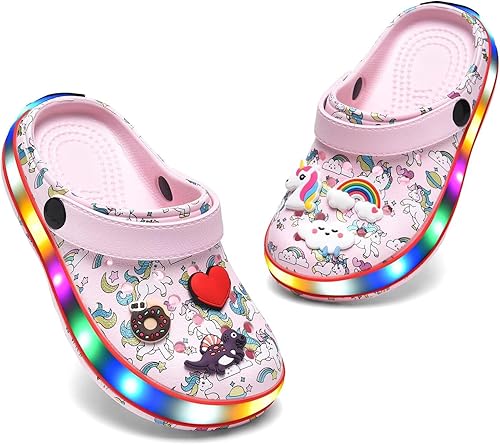 Miniatura 6 de XPKWS Zuecos para niños pequeños, niños y niñas, zapatos de jardín con luces LED, sandalias ligeras con luces, antideslizantes, de secado rápido,