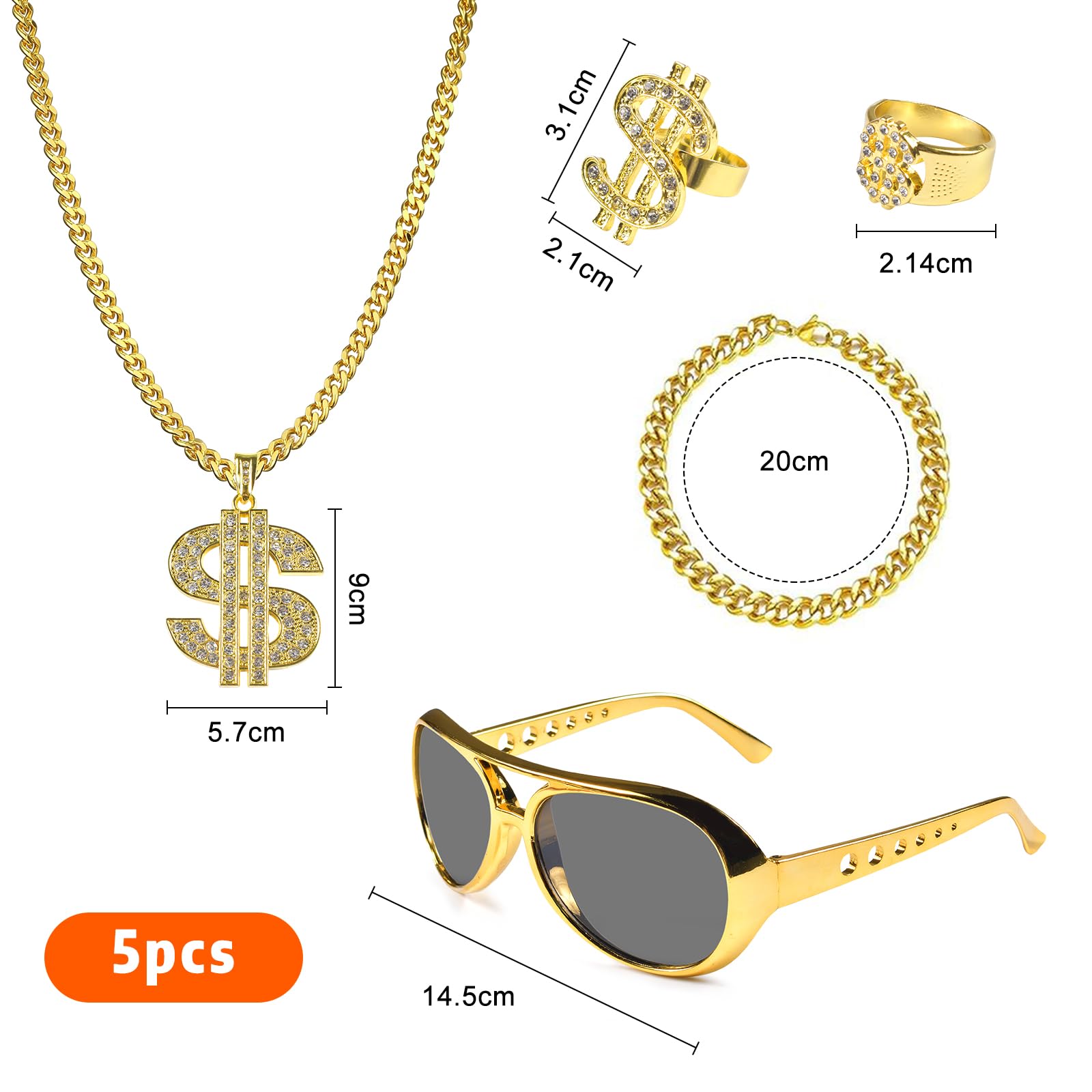 Kit Costume Hip Hop Années 80/90 - Casquette, Lunettes, Collier Or, Bracelet, Anneau - Pour Fête