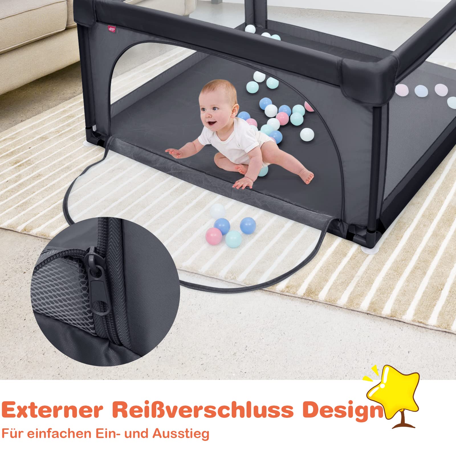 COSTWAY 120 x 120cm Baby Laufstall mit 50 Spielbällen, Laufgitter mit atmungsaktivem Netz und Reißverschluss, Krabbelgitter mit Tür, Laufgitterzelt für Säuglinge und Kleinkinder (Dunkelgrau)