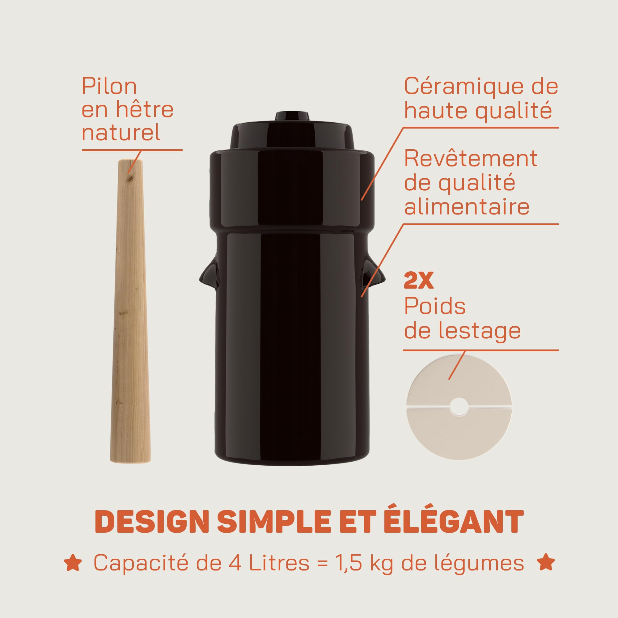 Kenley Pot de Fermentation de 4 Litres - Mijoteuse à Choucroute avec Couvercle, Poids et Pilon - Kit de Fermentation en céramique pour mariner le chou et les légumes Kimchi