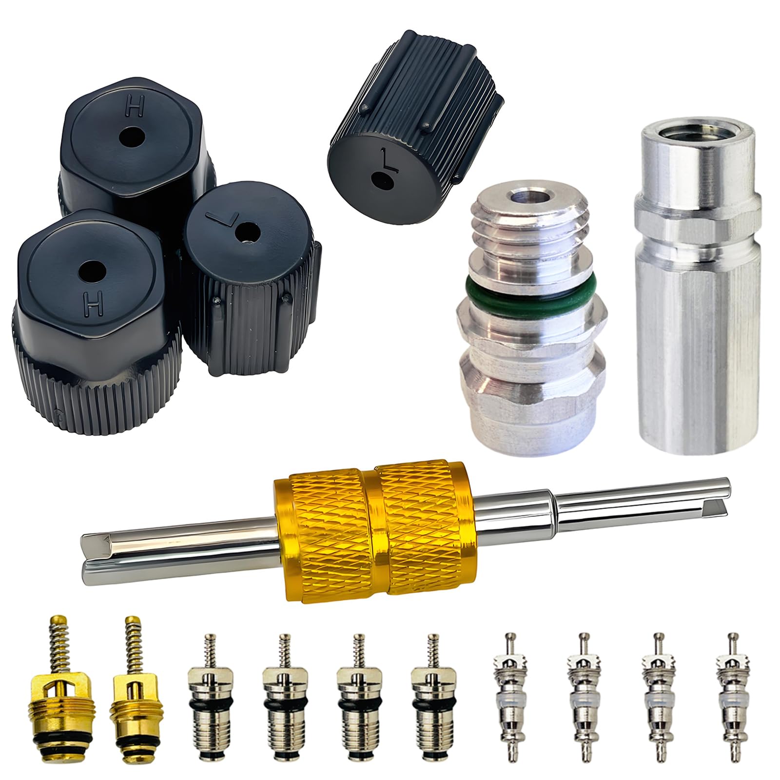 Kit de núcleo de válvula de aire acondicionado | Tapa y válvula AC R12 R134a Sello de teflón Refrigeración A/C Válvula de servicio de aire acondicionado Kit de tapas de sellado de puerto de carga HVAC