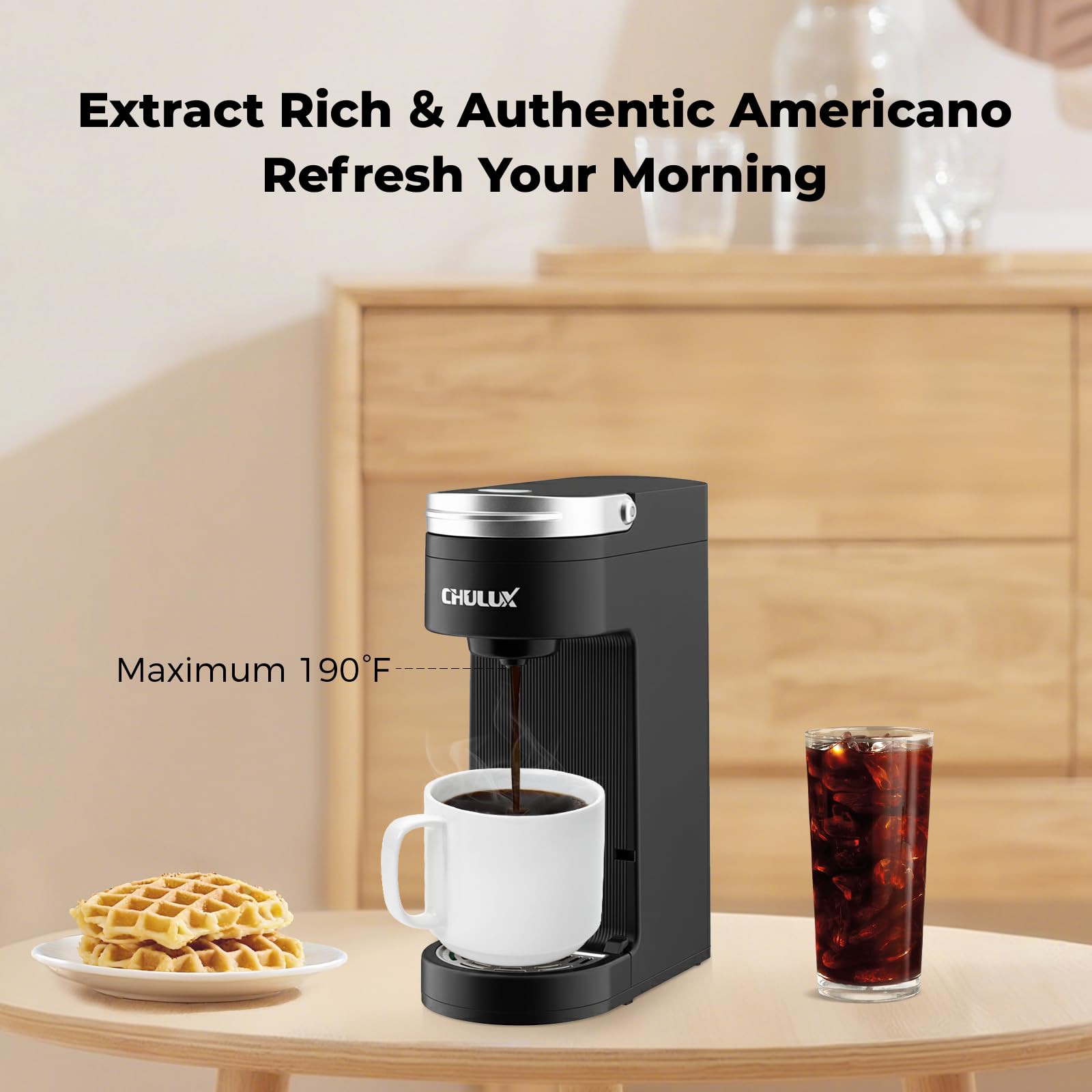 CHULUX CHULUX Slim Single Serve Coffee Maker for K Cup Pod, Compact Portable Coffee Machine for Dorm, RV, Office and Travel, Matte Black in use