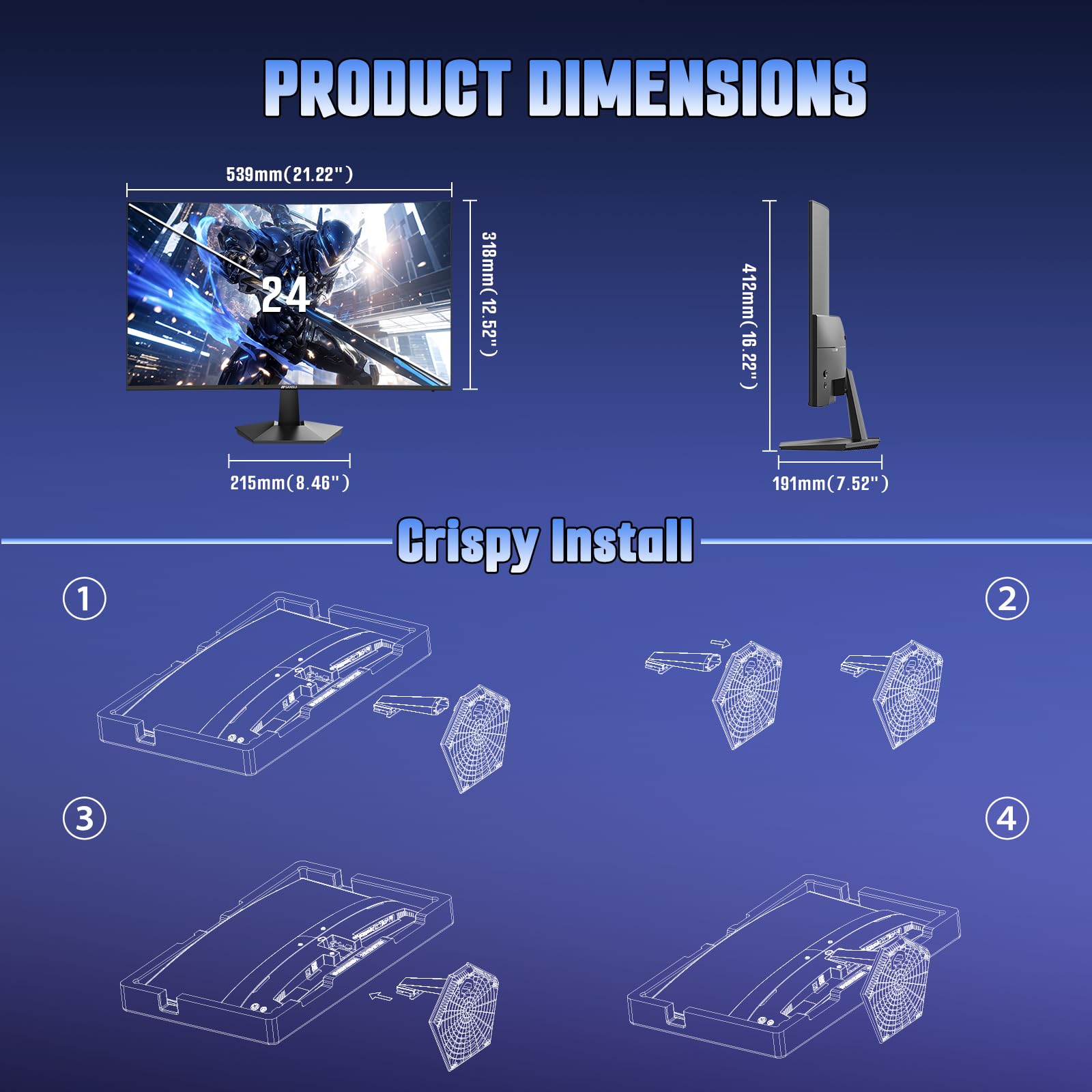 SANSUI Monitor da gioco curvo FHD 1080P da 24" 160Hz 1ms 1500R Fast VA Freesync HDR 3000:1 rapporto di contrasto HDMI2.0 DP1.4 VESA compatibile (cavo HDMI ES-G24C1L