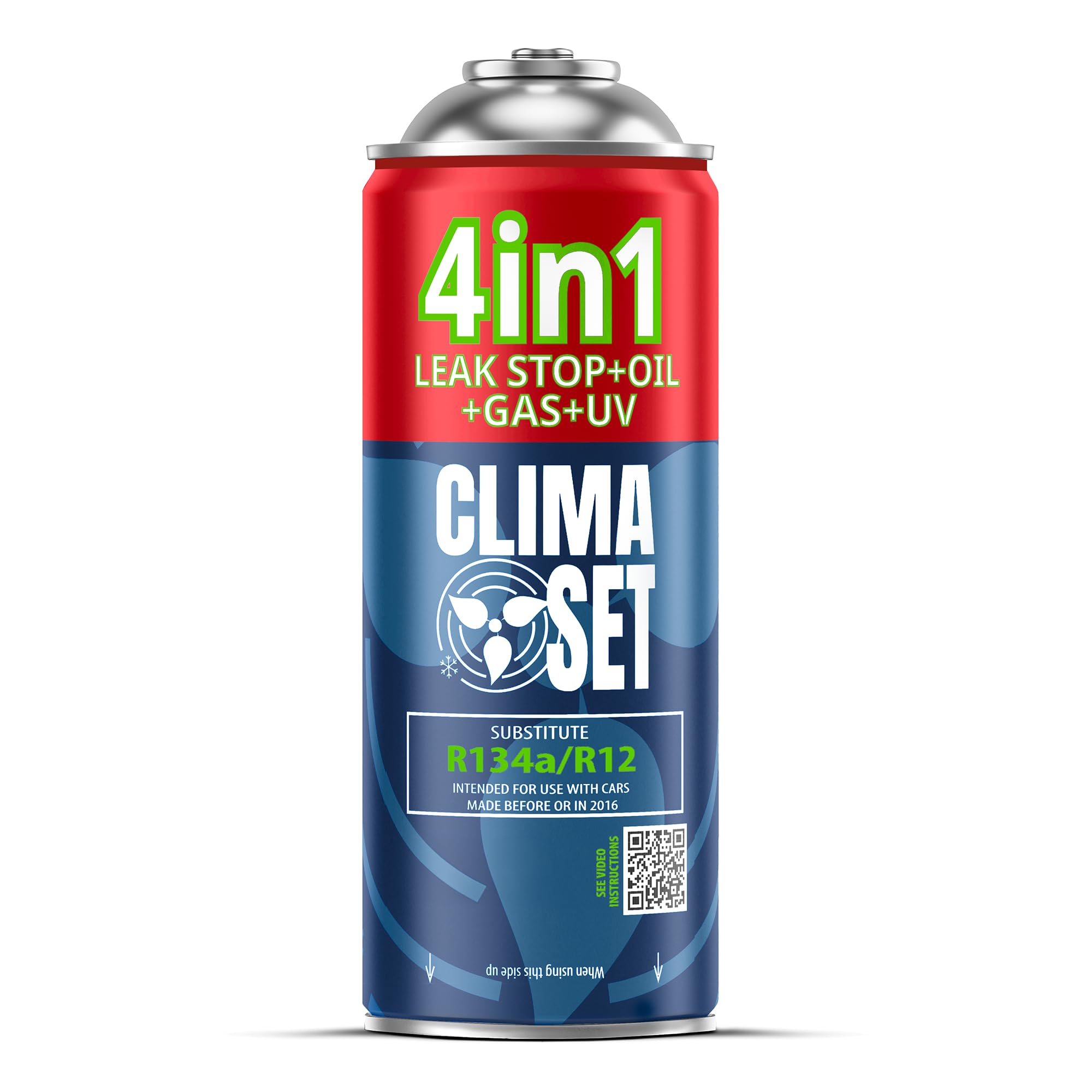 CLIMASET - 4in1 Aircon Top Up Gas r134a, Oil, Leak Sealer with UV Dye - AC Gas Refill and Leak Detection Kit - Air Conditioning Car Recharge Kit