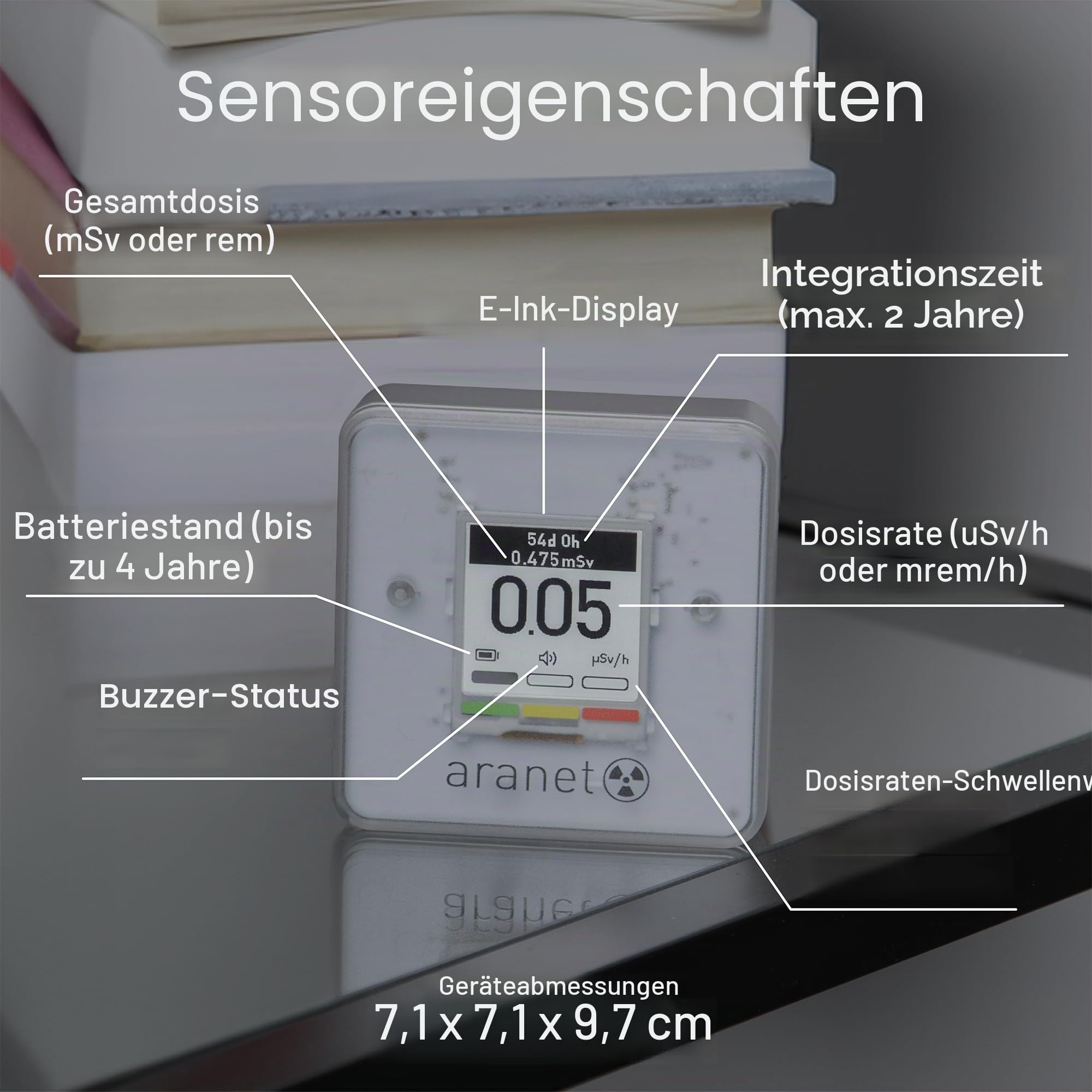 SAF Aranet Strahlungsdetektor, Dosimeter, tragbar, misst Dosierungsrate & Gesamtdosis der ionisierenden Strahlung, E-Ink-Display, 4 Jahre Akkulaufzeit, Bluetooth-Verbindung, kostenlose App mit Grafik