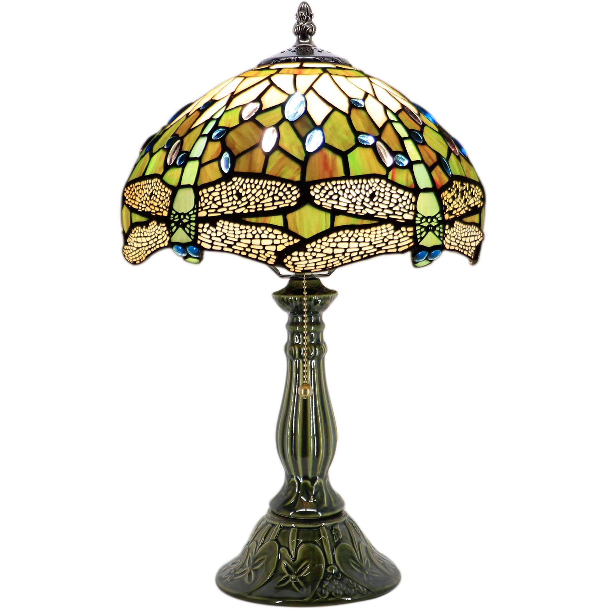 Tiffany Lamp Stained Glass Table Lamps Amber White Dragonfly Style Desk Lamp 12X12X18.5 Inch Bronze Ceramic Base Reading Light Suitable for Bedside Bedroom Living Room Dining Room Office