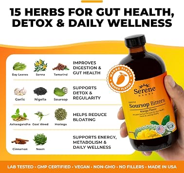 Serene Herbs Soursop Bitters Liquid with Soursop Leaves for Gut Cleanse, Detox & Immune Boost with Black Seed, Moringa, Irish Moss, Ashwaganda, Turmeric, 16 Fl Oz (Pack of 1), Mango