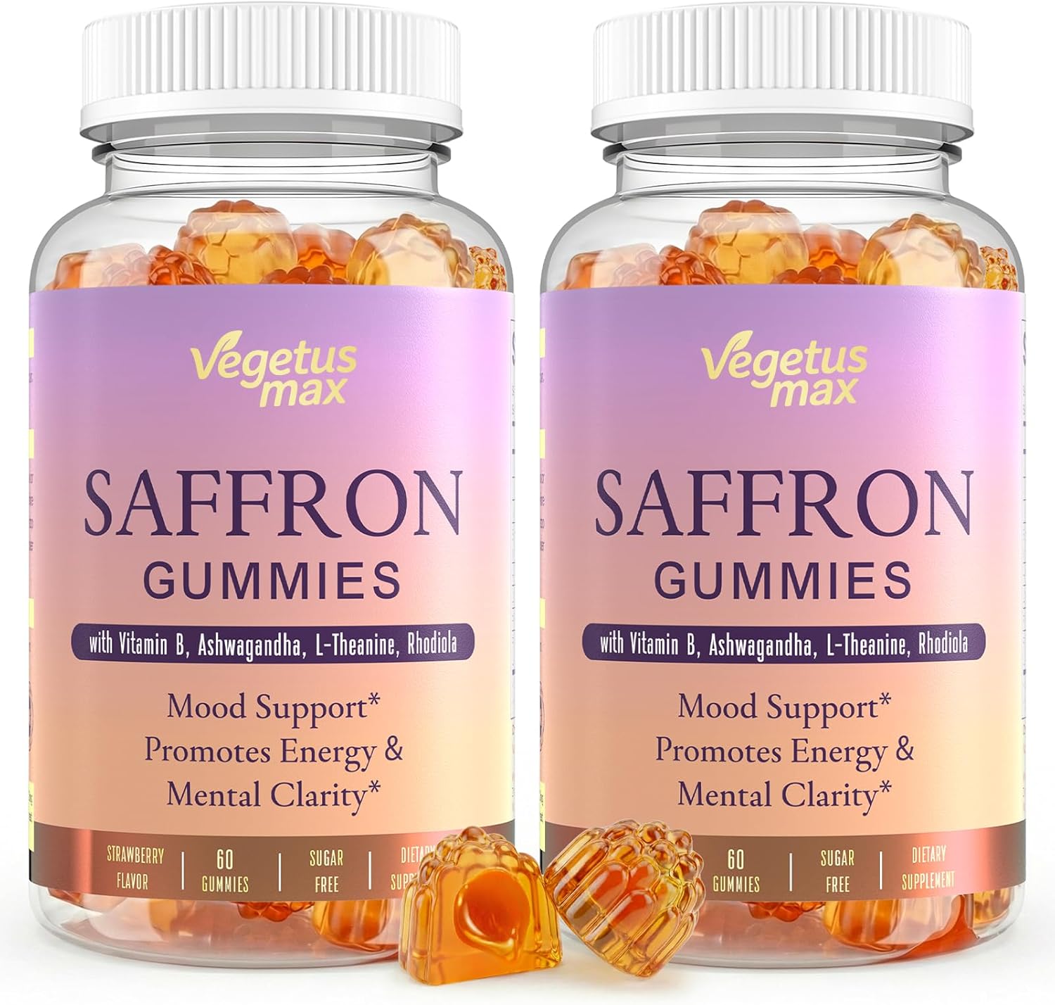 2 Pack Saffron Supplements Gummies, 88.5mg Pure Saffron Extract with Ashwagandha L-Theanine Rhodiola Rosemary Magnesium Vitamin B6 B12 for Mood Focus Support Adults Kids